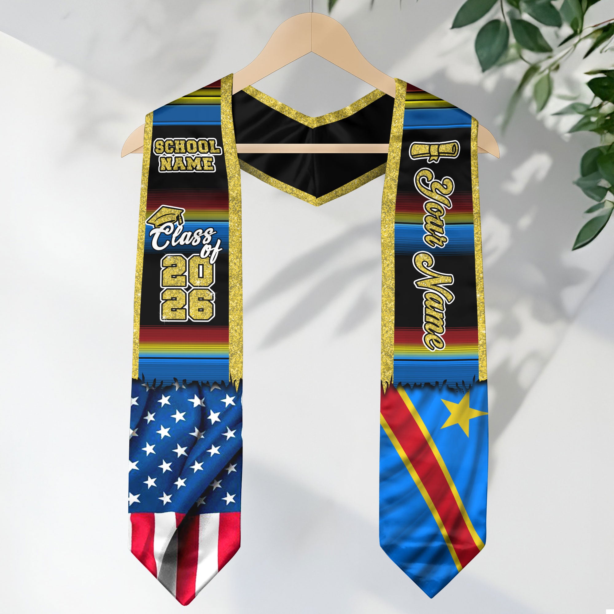 Customized DR Congo Graduation Stole with Congolese Flag Inspired Motif, Graduation Sash for 2026