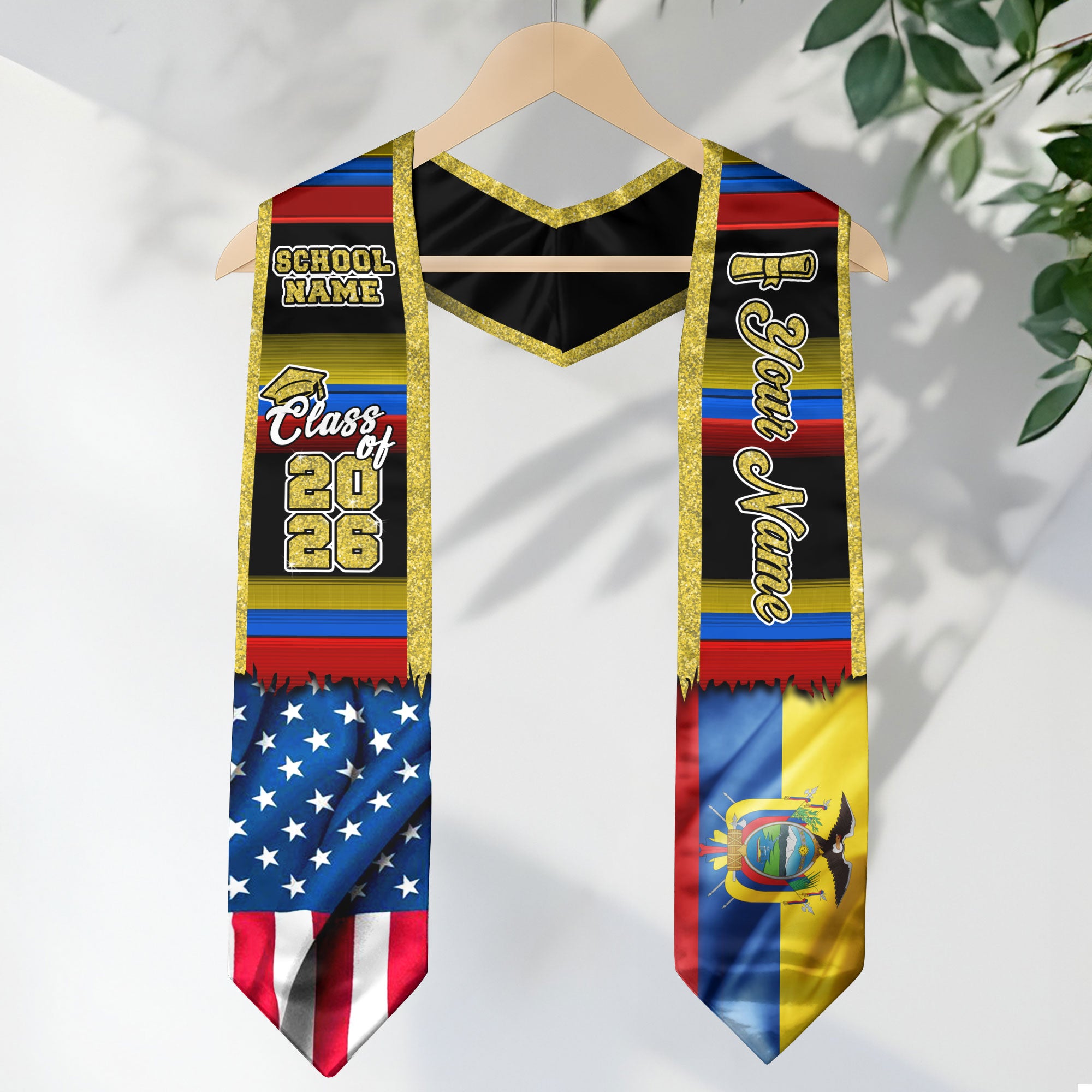 Customized Ecuador Graduation Stole Showcasing Ecuadorian Flag Colors, Graduation Sash Class of 2026