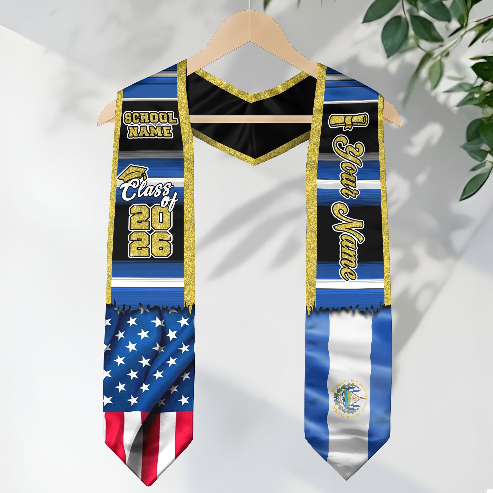 Customized El Salvador Graduation Stole with Salvadoran Flag Design, Graduation Sash for Class of 2026