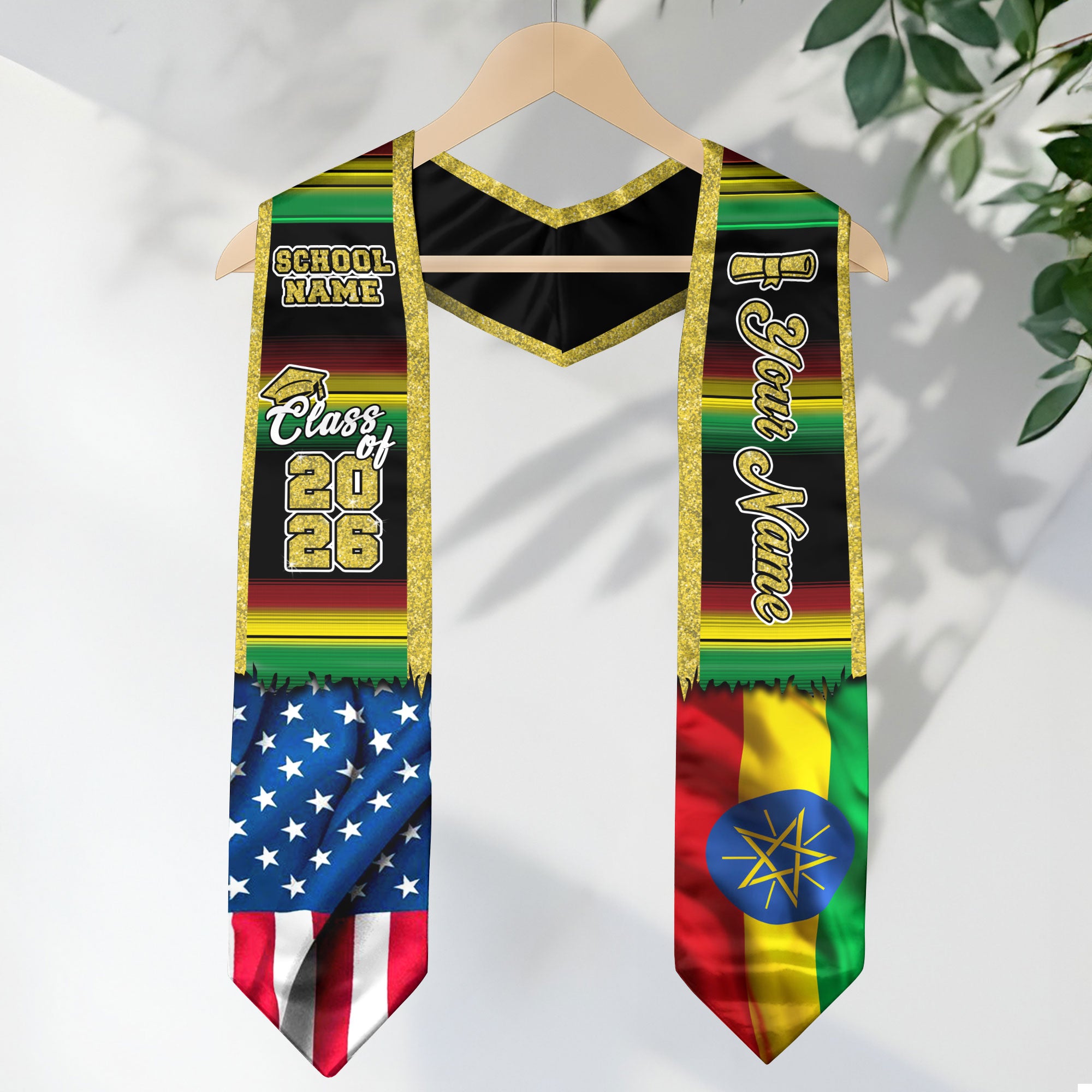 Customized Ethiopia Graduation Stole Featuring Ethiopian Flag Heritage Style, Graduation Sash Class of 2026
