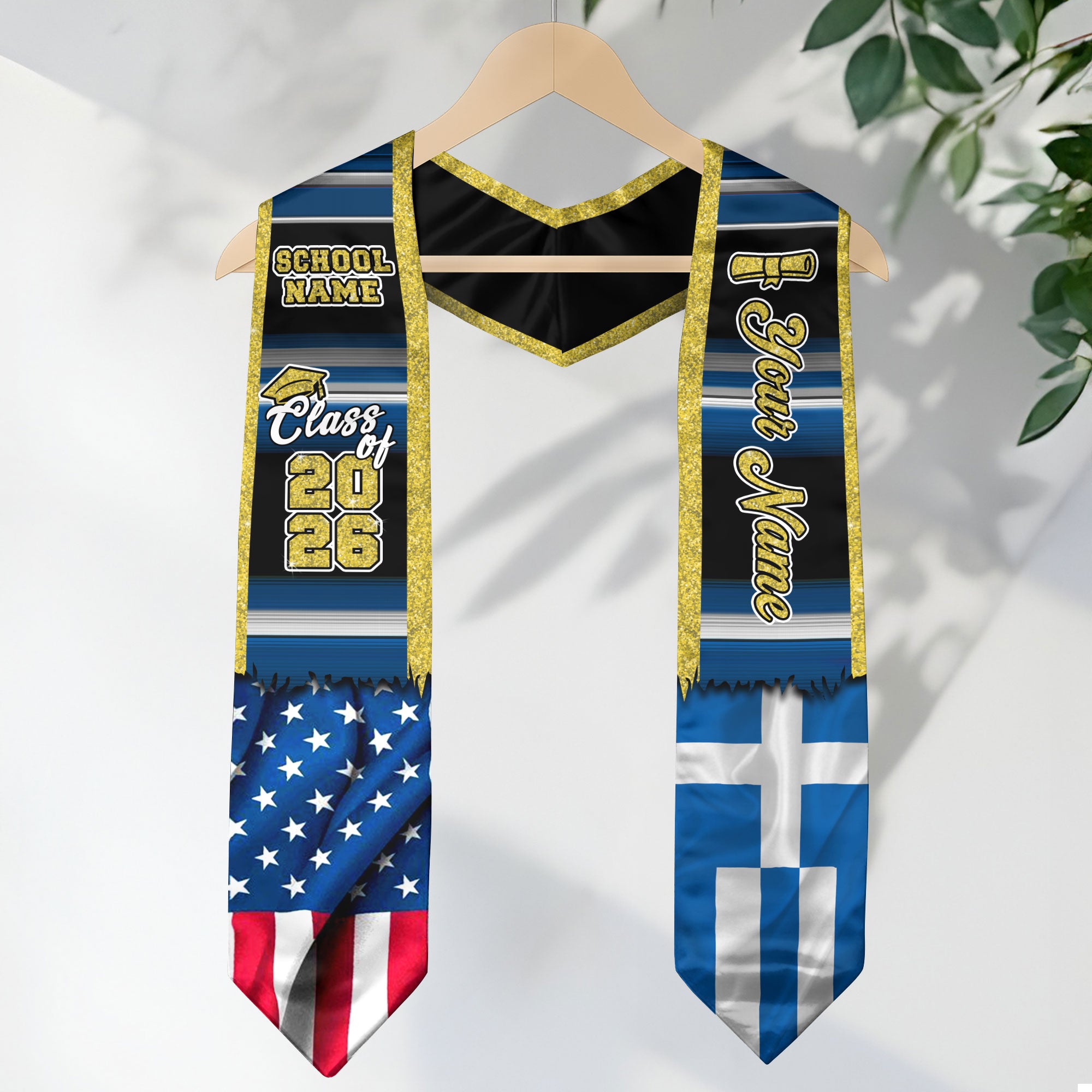 Customized Greece Graduation Stole Featuring Greek Flag Heritage Pattern, Graduation Sash for Class of 2026