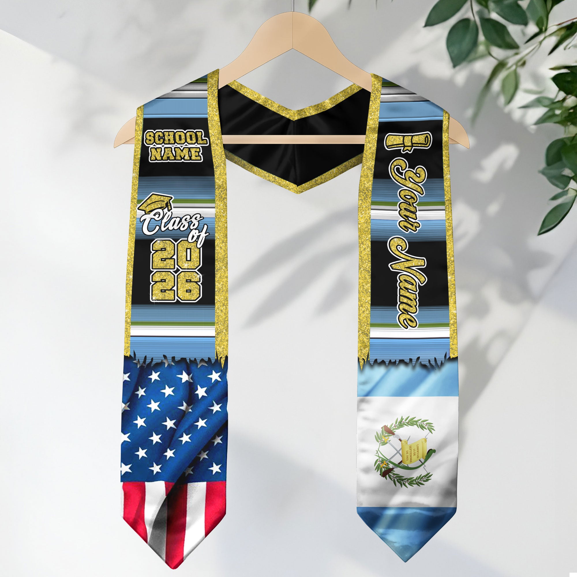 Customized Guatemala Graduation Stole with Guatemalan Flag Style Design, Graduation Sash Class of 2026