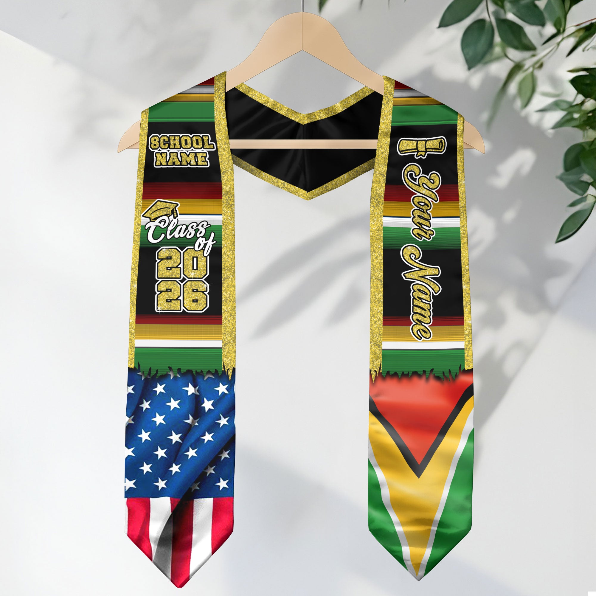 Customized Guyana Graduation Stole Showcasing Guyanese Flag Colors, Graduation Sash for Class of 2026