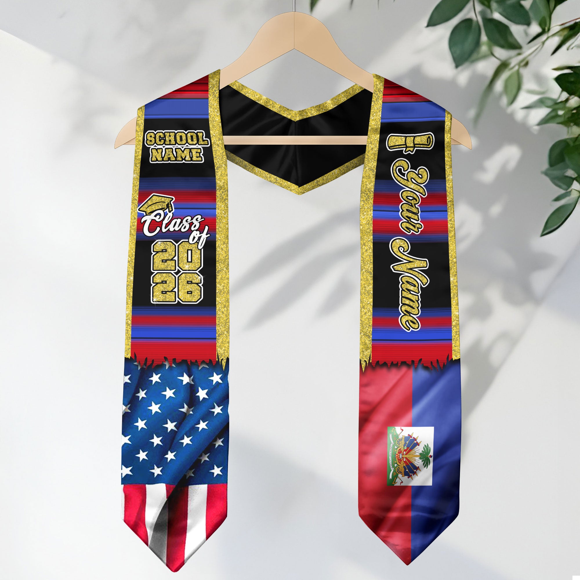 Customized Haiti Graduation Stole with Haitian Flag Inspired Motif, Graduation Sash Class of 2026