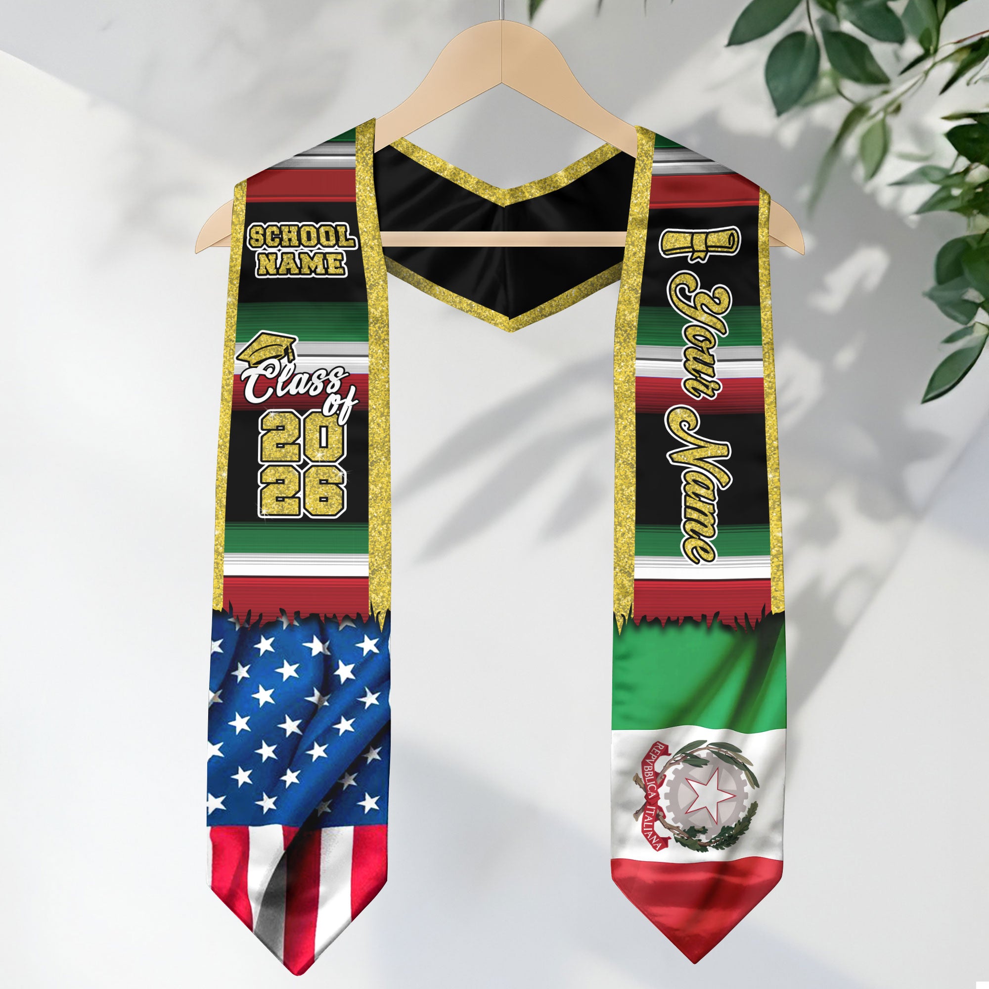 Customized Italy Graduation Stole Featuring Italian Flag Heritage Pattern, Graduation Sash for Class of 2026