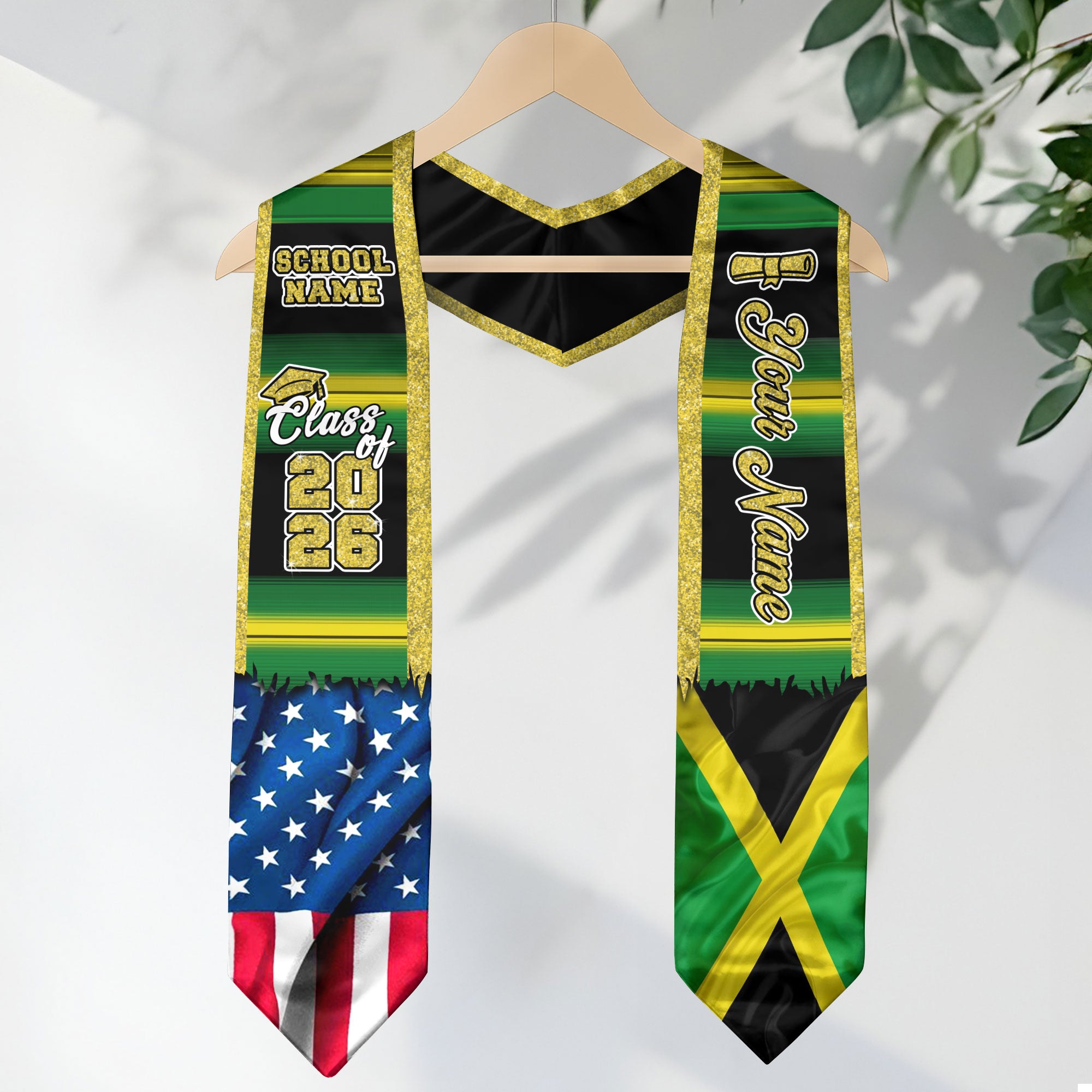 Customized Jamaica Graduation Stole Showcasing Jamaican Flag Style, Graduation Sash Class of 2026