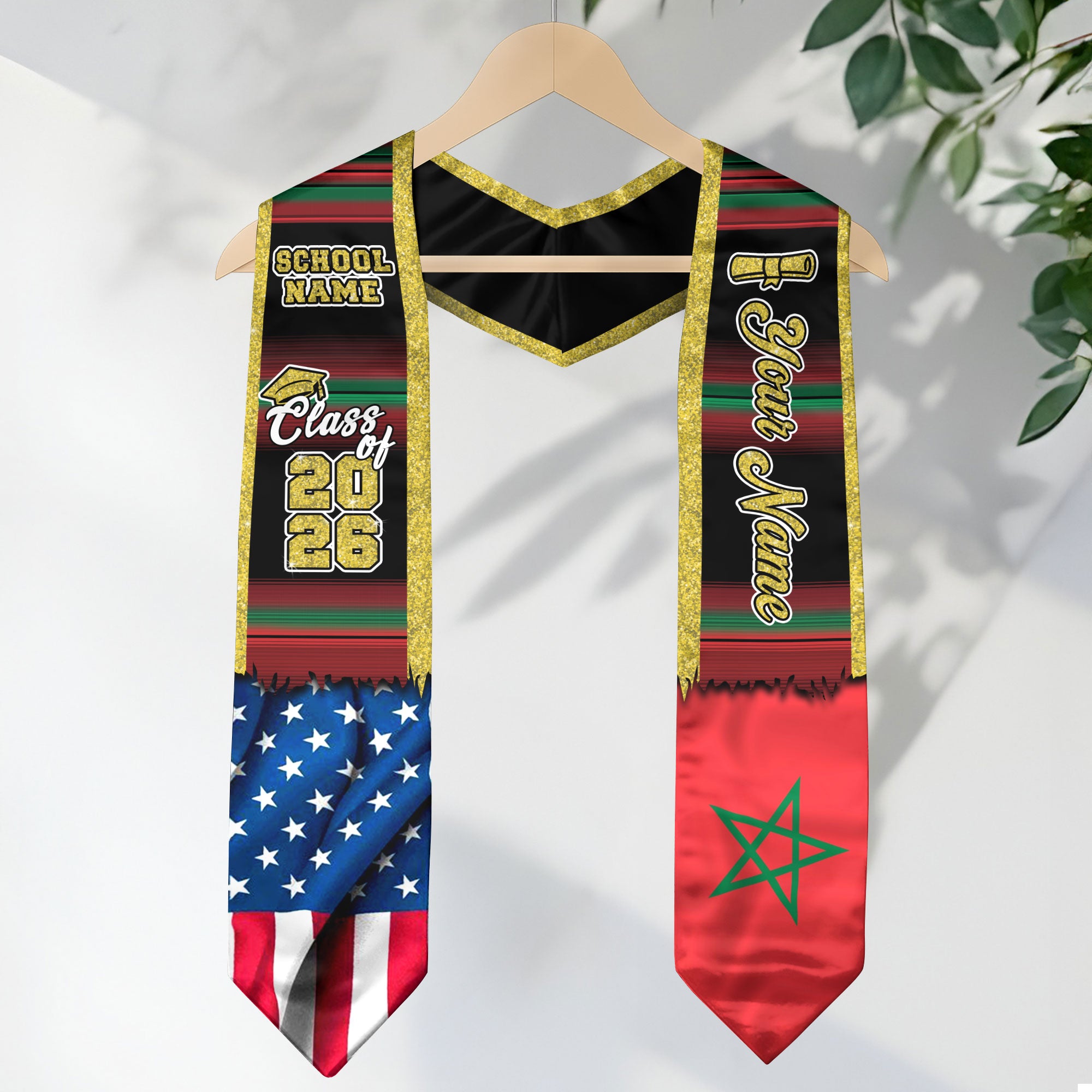 Customized Morocco Graduation Stole Featuring Moroccan Flag Heritage Accents, Graduation Sash Class of 2026