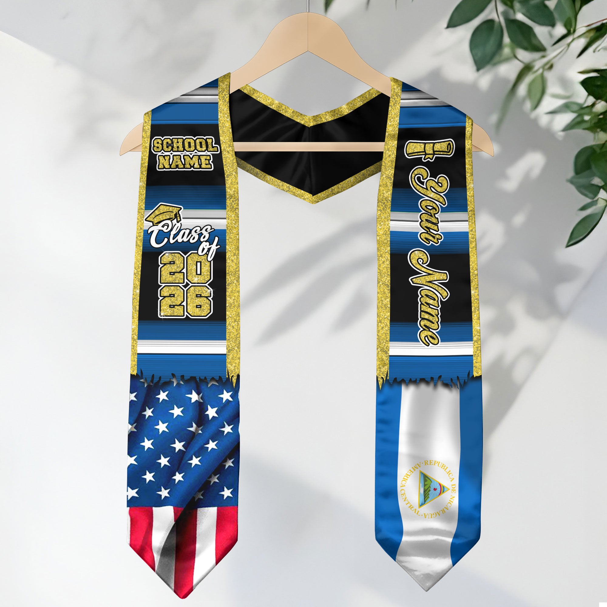 Customized Nicaragua Graduation Stole Showcasing Nicaraguan Flag Design, Graduation Sash Class of 2026