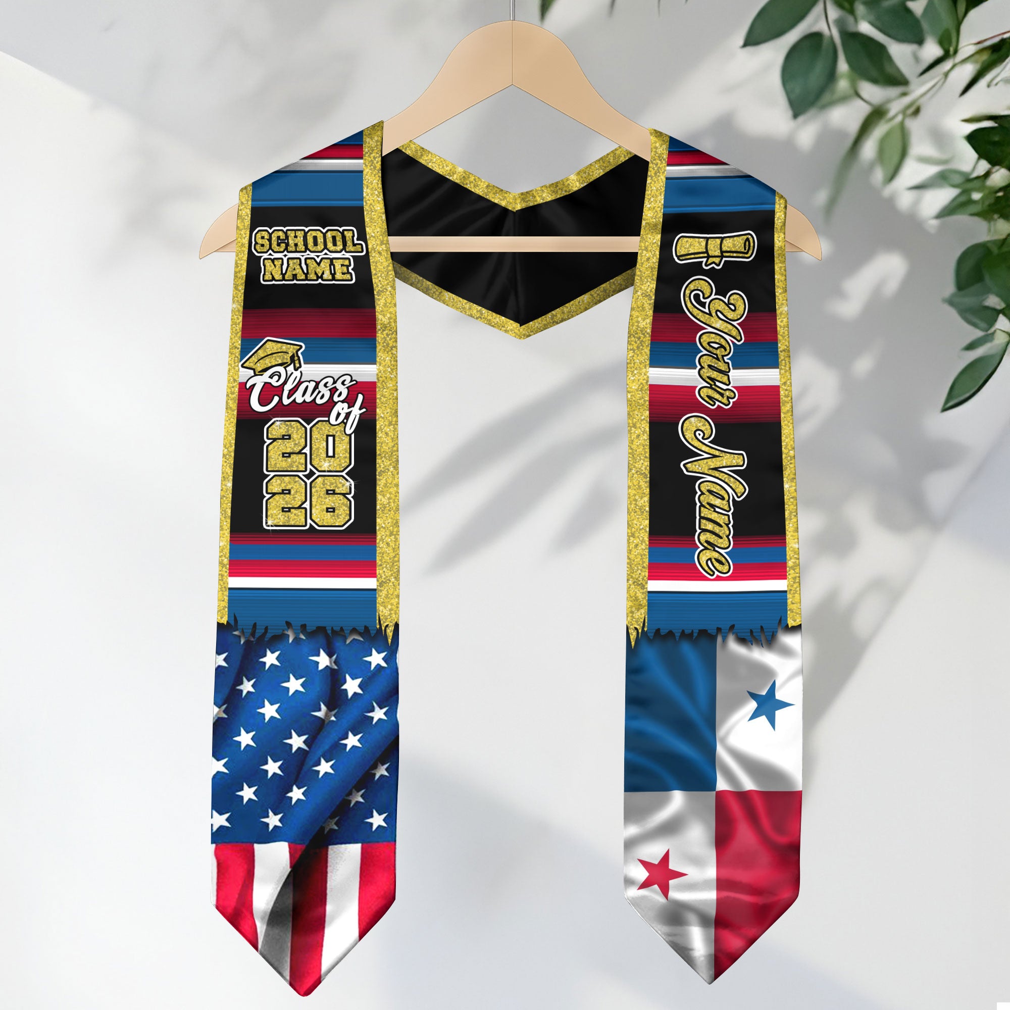 Customized Panama Graduation Stole Highlighting Panamanian Flag Elements, Graduation Sash for Class of 2026