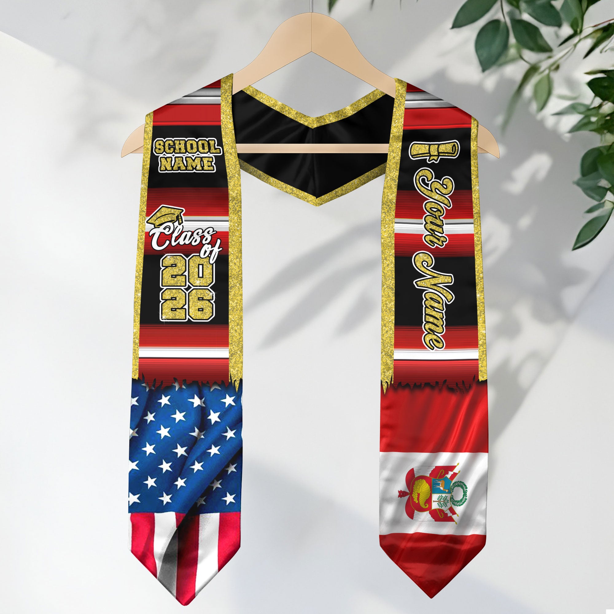 Customized Peru Graduation Stole Featuring Peruvian Flag Heritage Pattern, Graduation Sash Class of 2026