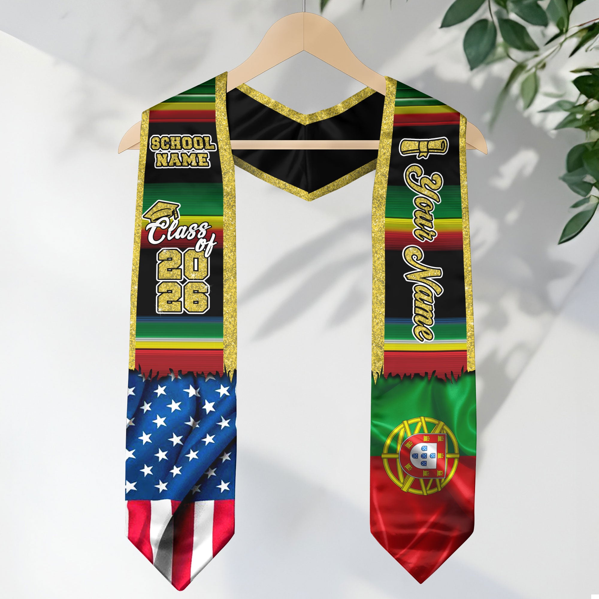 Customized Portugal Graduation Stole Showcasing Portuguese Flag Design, Graduation Sash Class of 2026