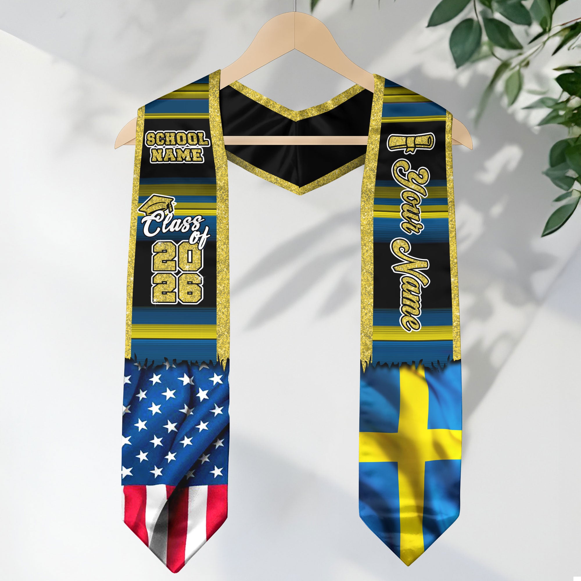 Customized Sweden Graduation Stole Highlighting Swedish Flag Heritage Pattern, Graduation Sash Class of 2026