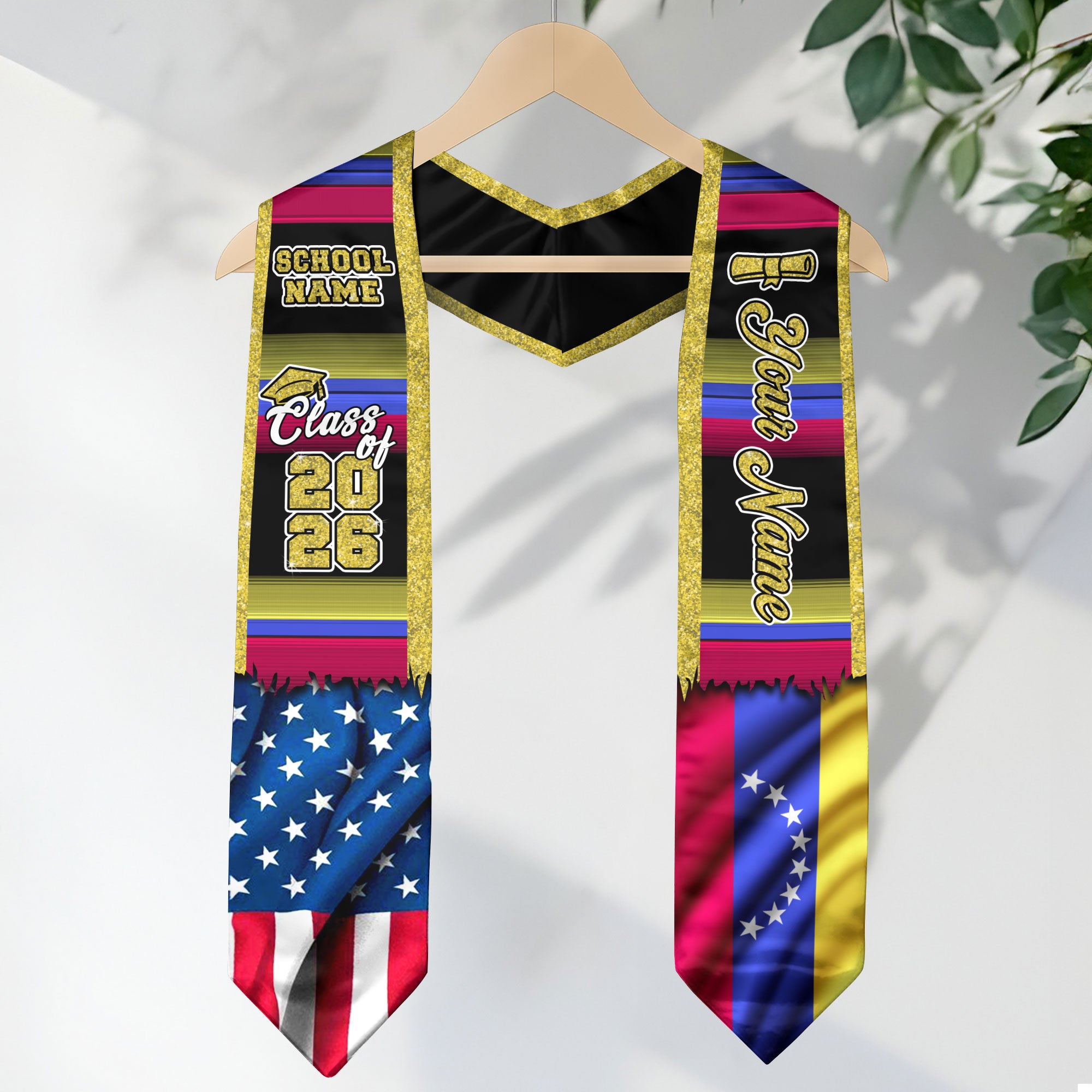 Customized Venezuela Graduation Stole Featuring Venezuelan Flag Inspired Pattern, Graduation Sash for 2026