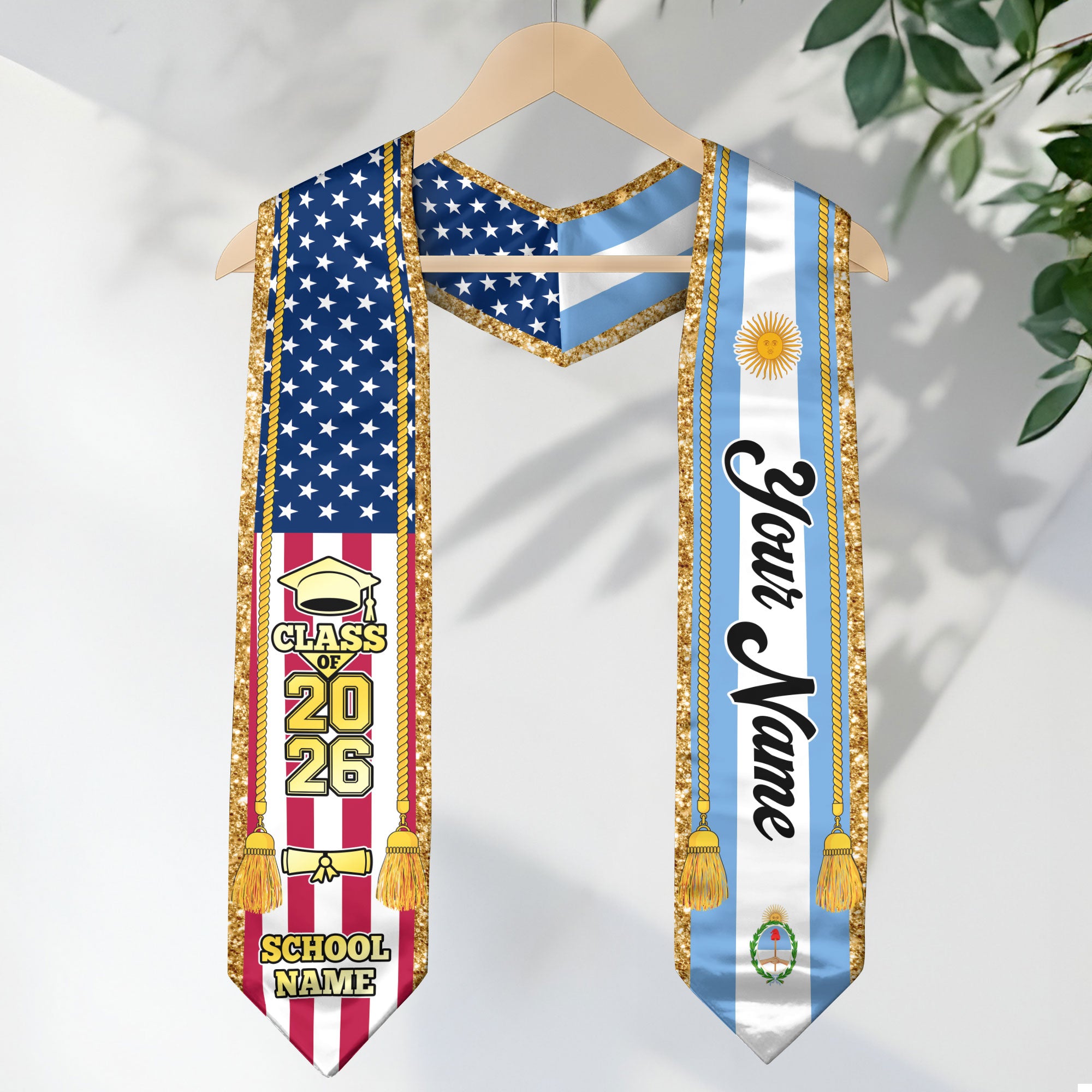 Customized Argentina Graduation Stole with Flag Emblem, Graduation Sash for Class of 2026