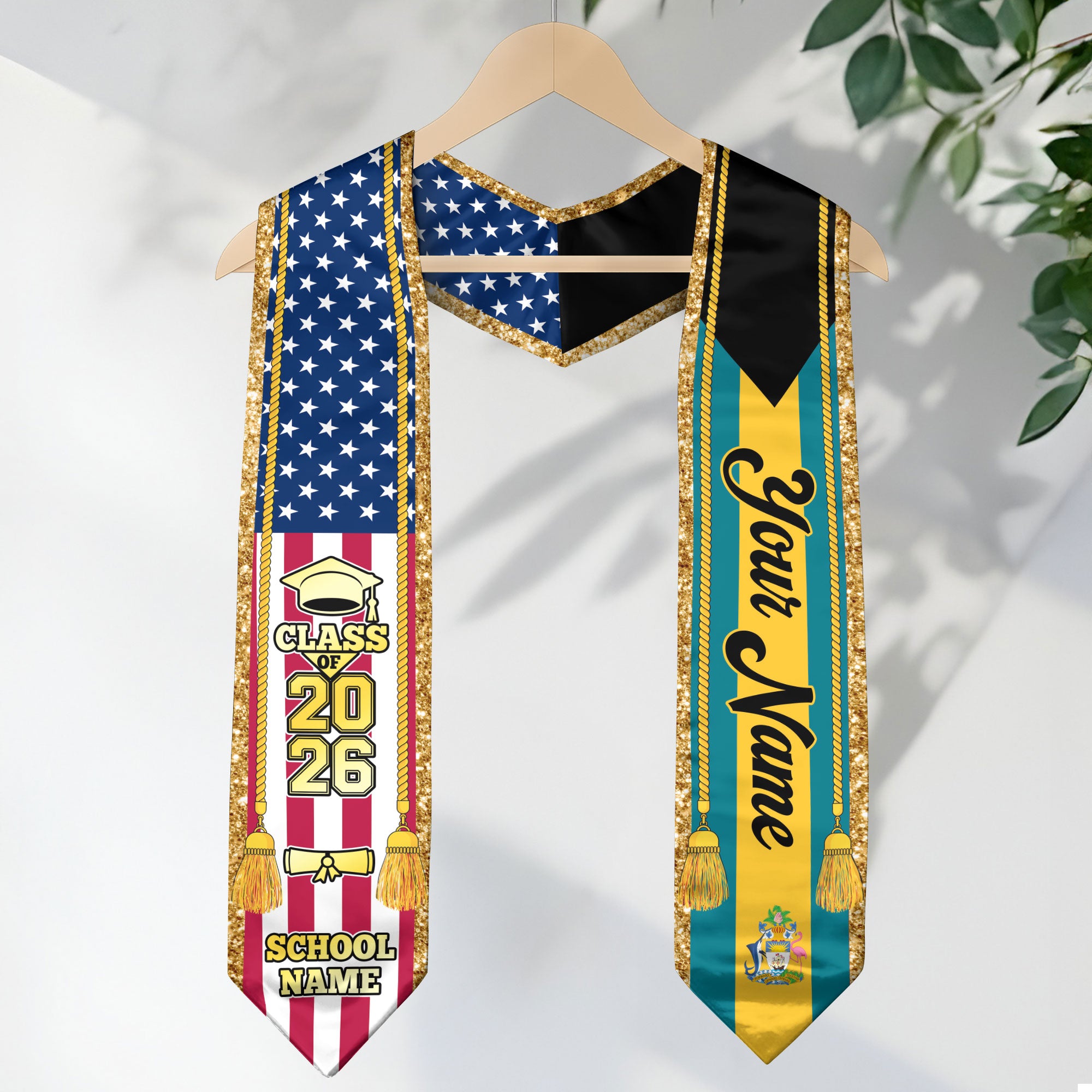 Customized Bahamas Graduation Stole with Island Flag Emblem, Graduation Sash for Class of 2026