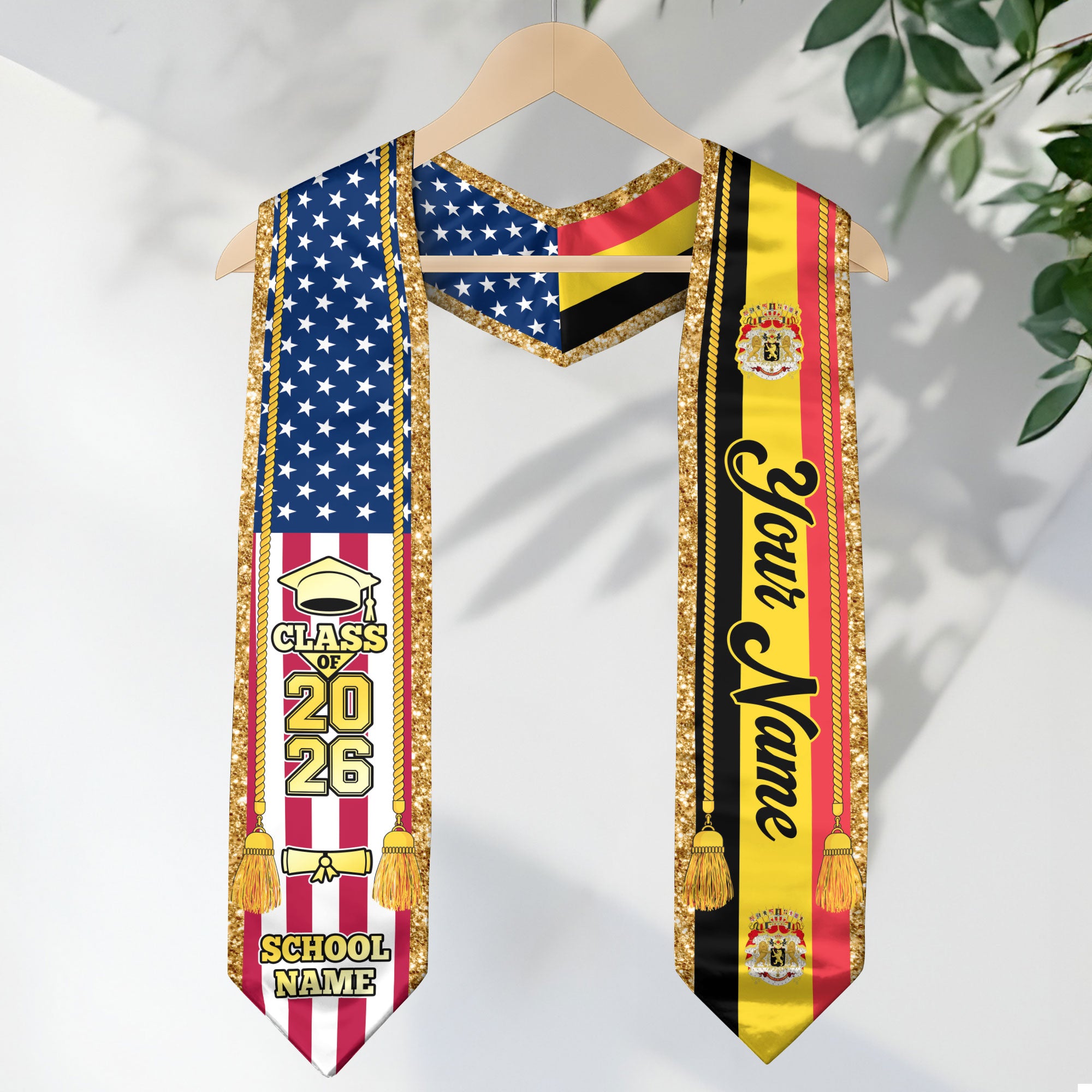 Customized Belgium Graduation Stole with Belgian Flag Emblem, Graduation Sash for Class of 2026