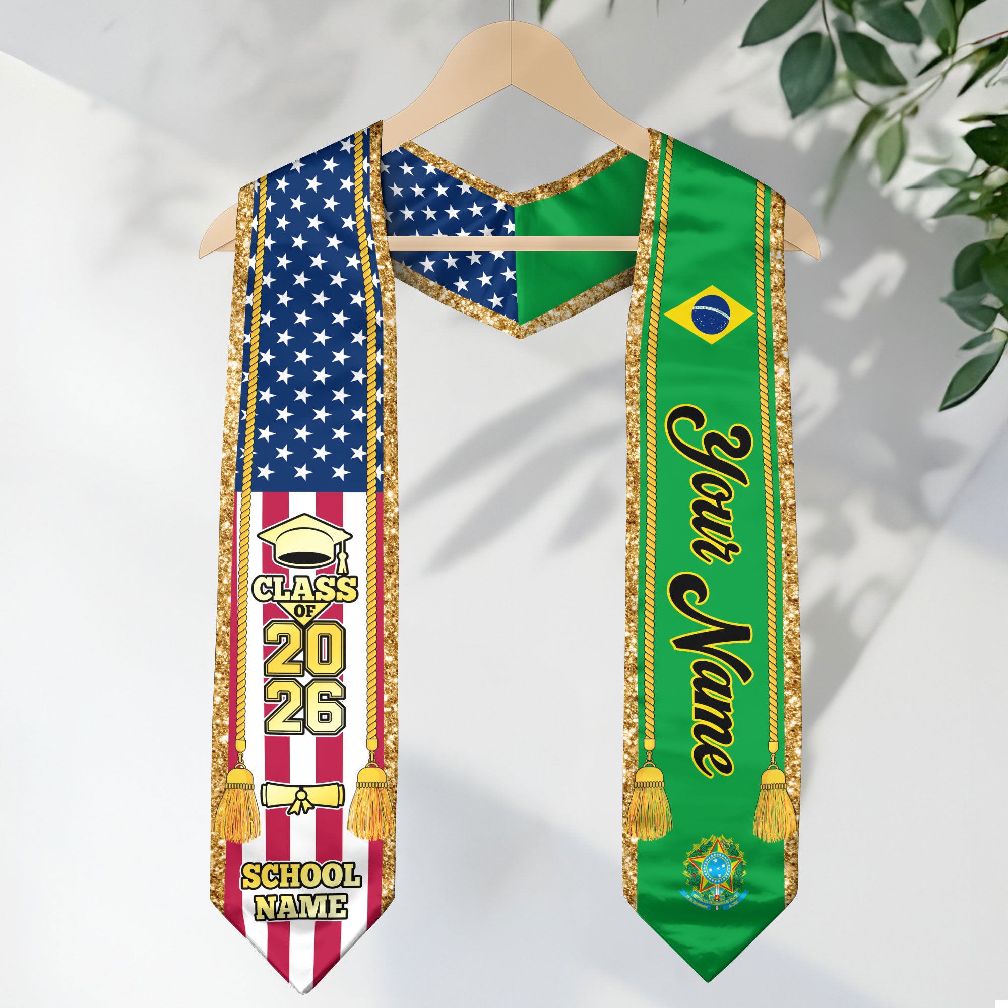 Customized Brazil Graduation Stole with Brazilian Flag Emblem, Graduation Sash for Class of 2026