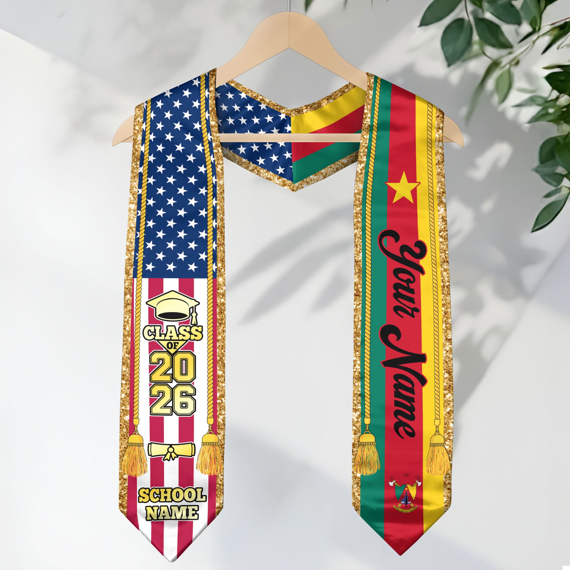 Customized Cameroon Graduation Stole with National Flag Emblem, Graduation Sash for Class of 2026