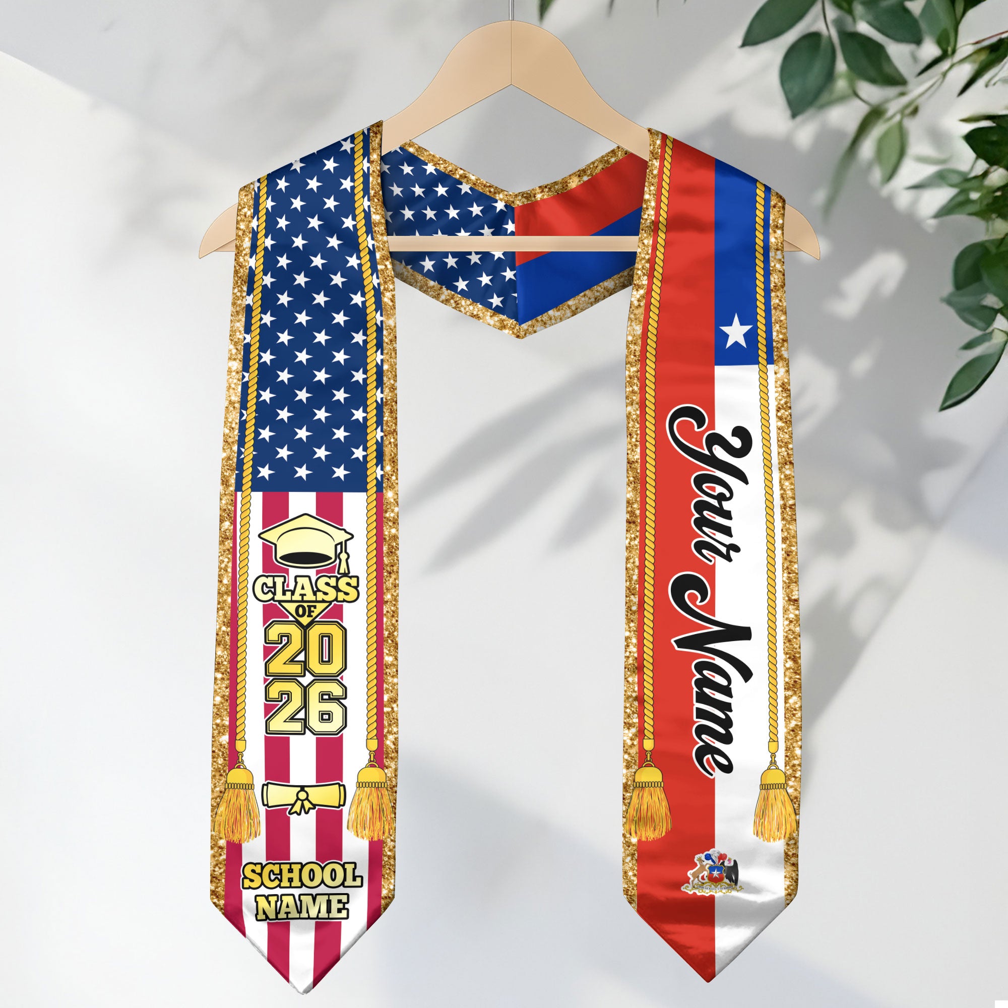 Customized Chile Graduation Stole with Chilean Flag Emblem, Graduation Sash for Class of 2026