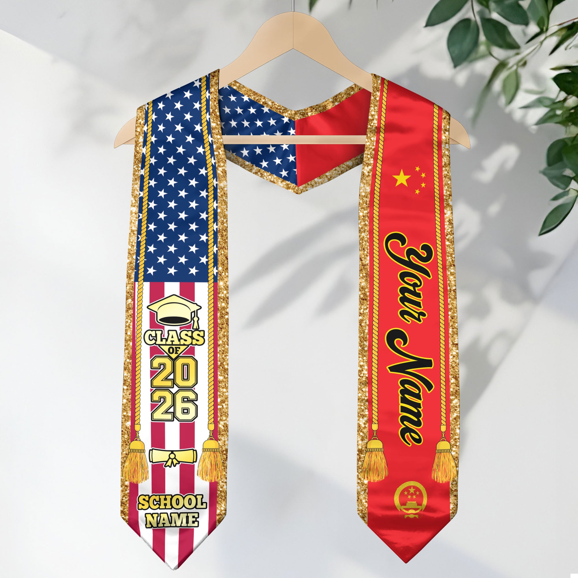 Customized China Graduation Stole with Chinese Flag Emblem, Graduation Sash for Class of 2026
