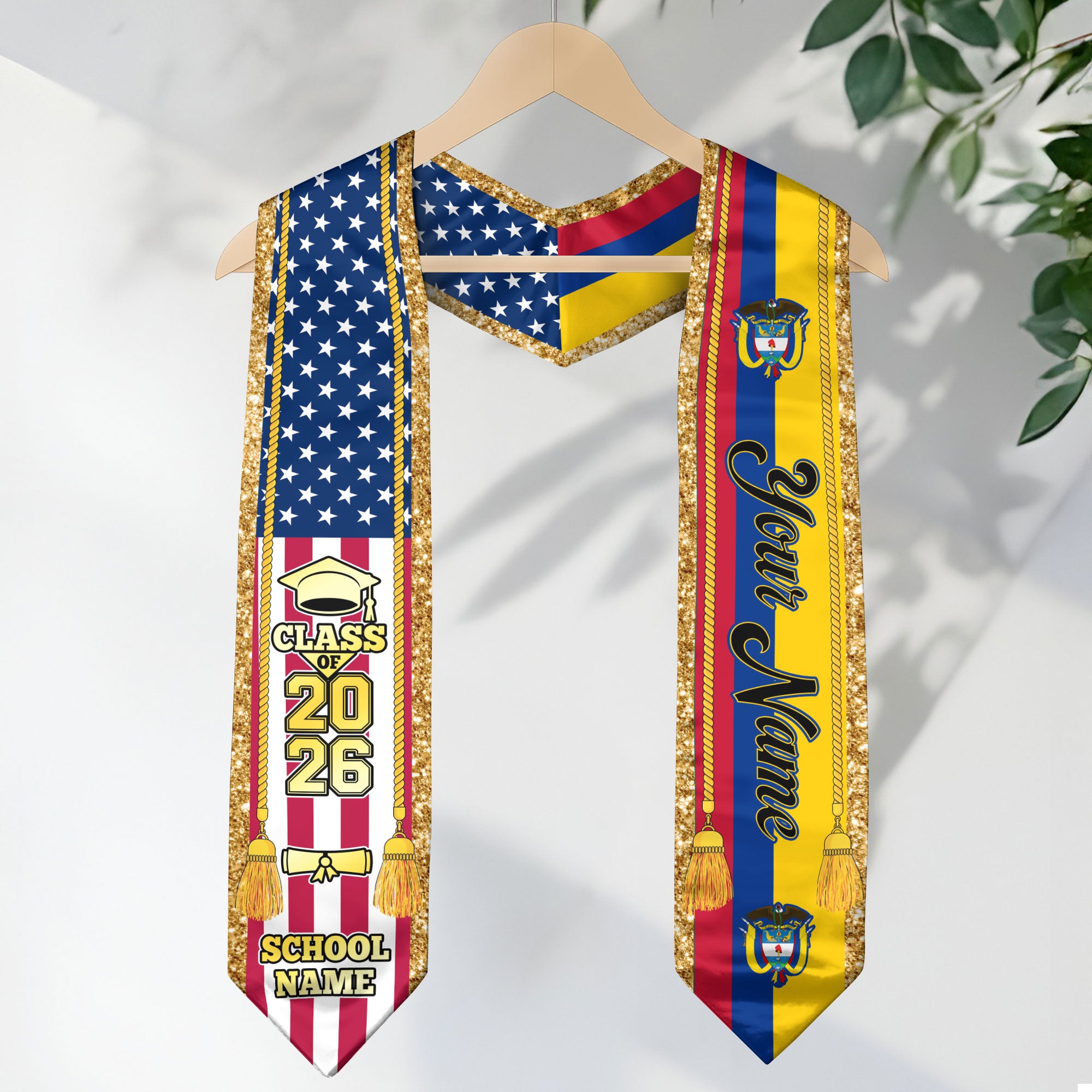 Customized Colombia Graduation Stole with Colombian Flag Emblem, Graduation Sash for Class of 2026