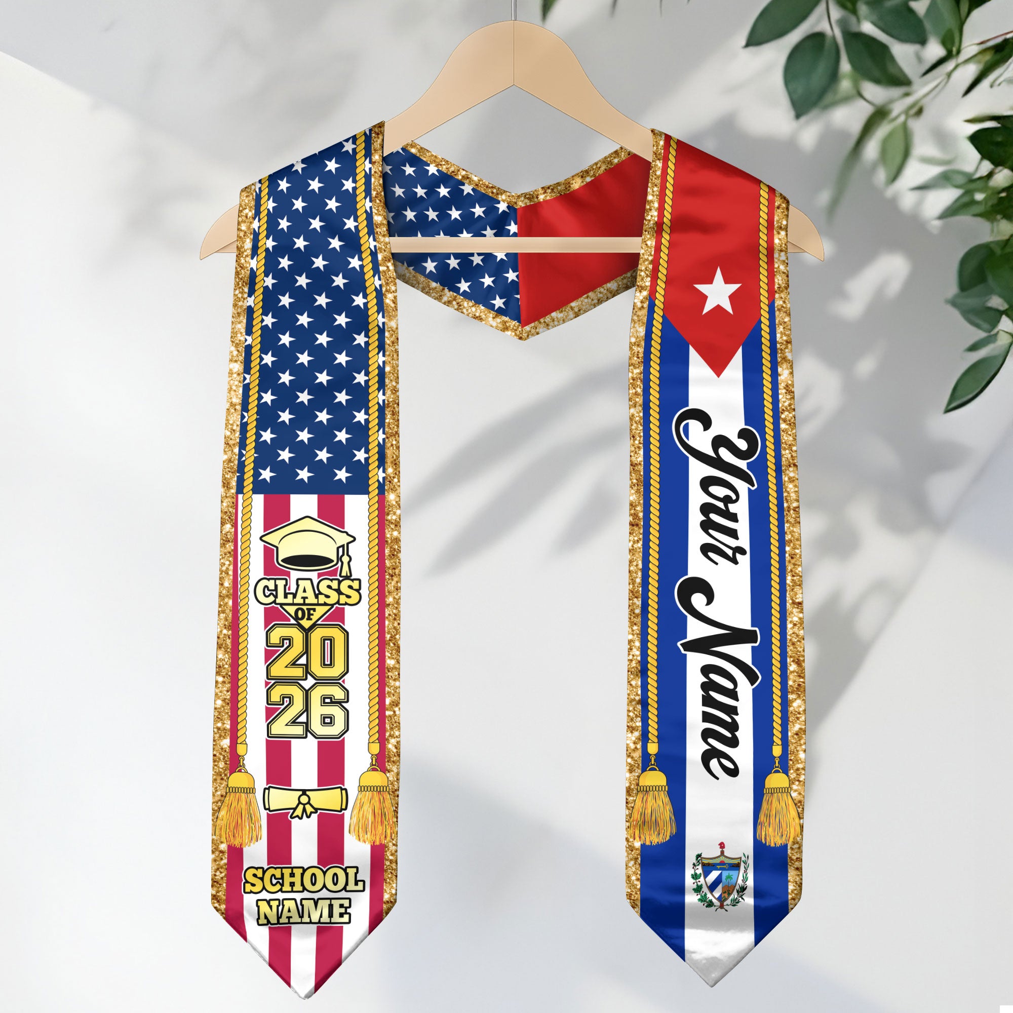 Customized Cuba Graduation Stole with Cuban Flag Emblem, Graduation Sash for Class of 2026