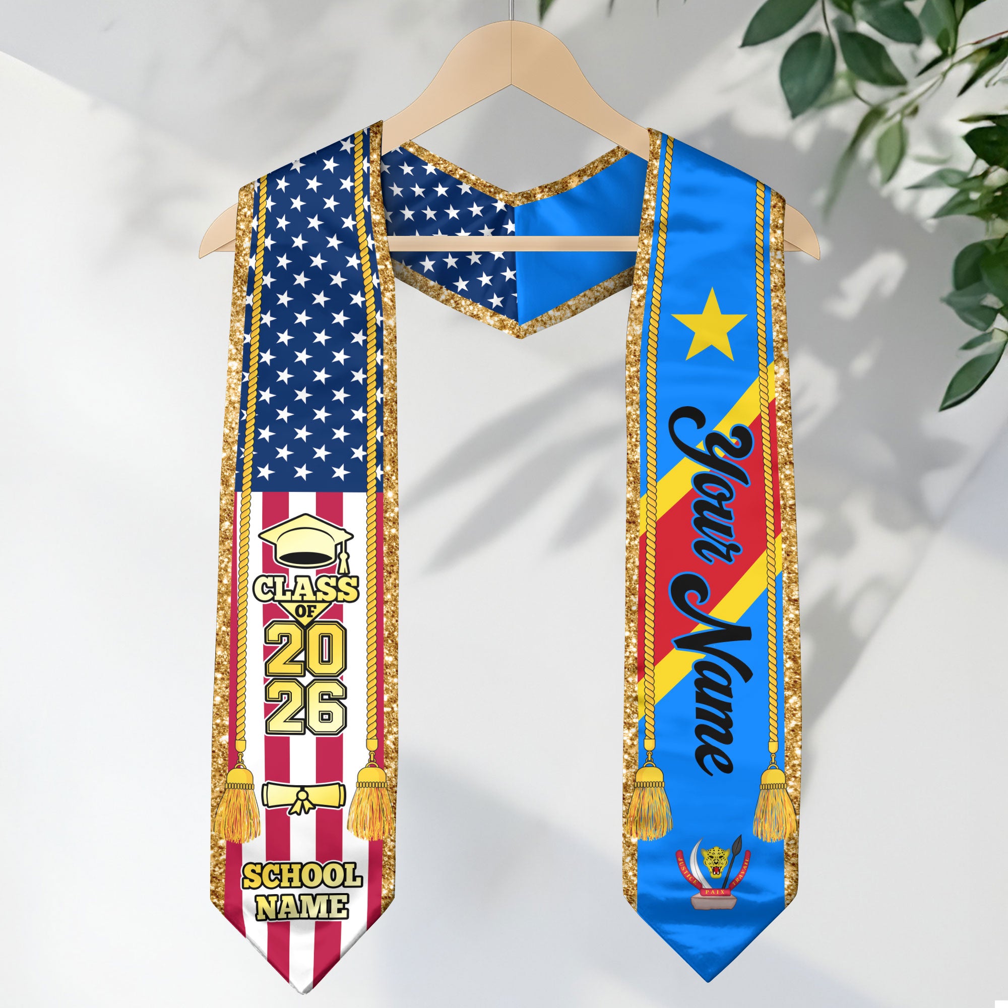 Customized DR Congo Graduation Stole with National Flag Emblem, Graduation Sash for Class of 2026