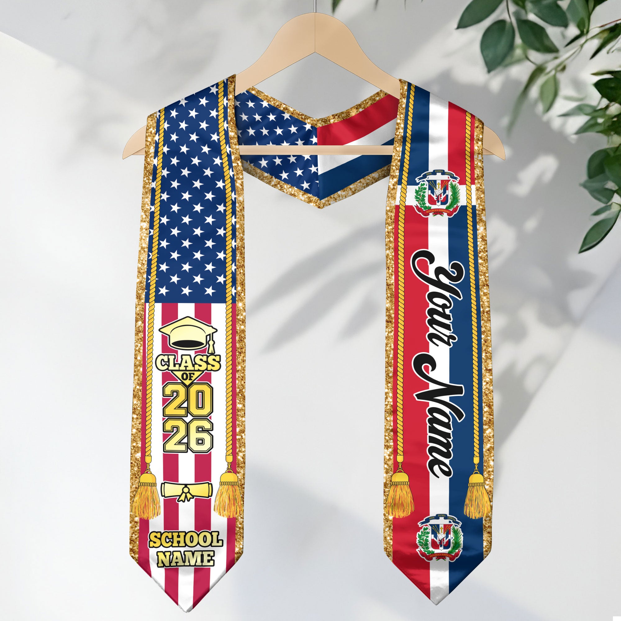 Customized Dominican Republic Graduation Stole with Flag Emblem, Graduation Sash for Class of 2026