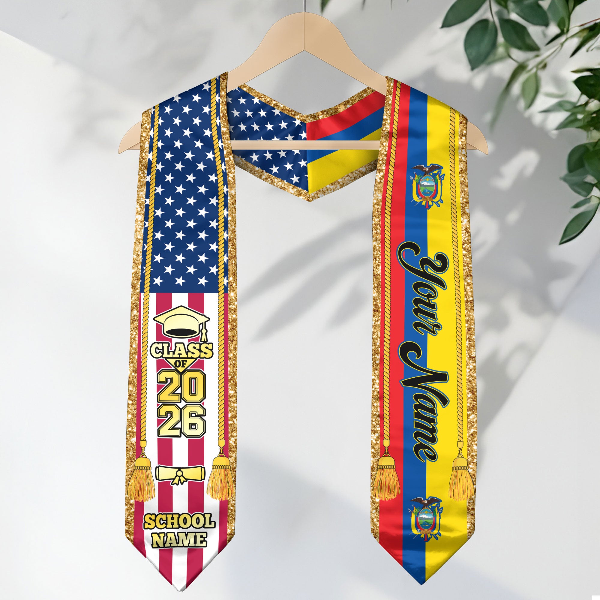 Customized Ecuador Graduation Stole with Ecuadorian Flag Emblem, Graduation Sash for Class of 2026