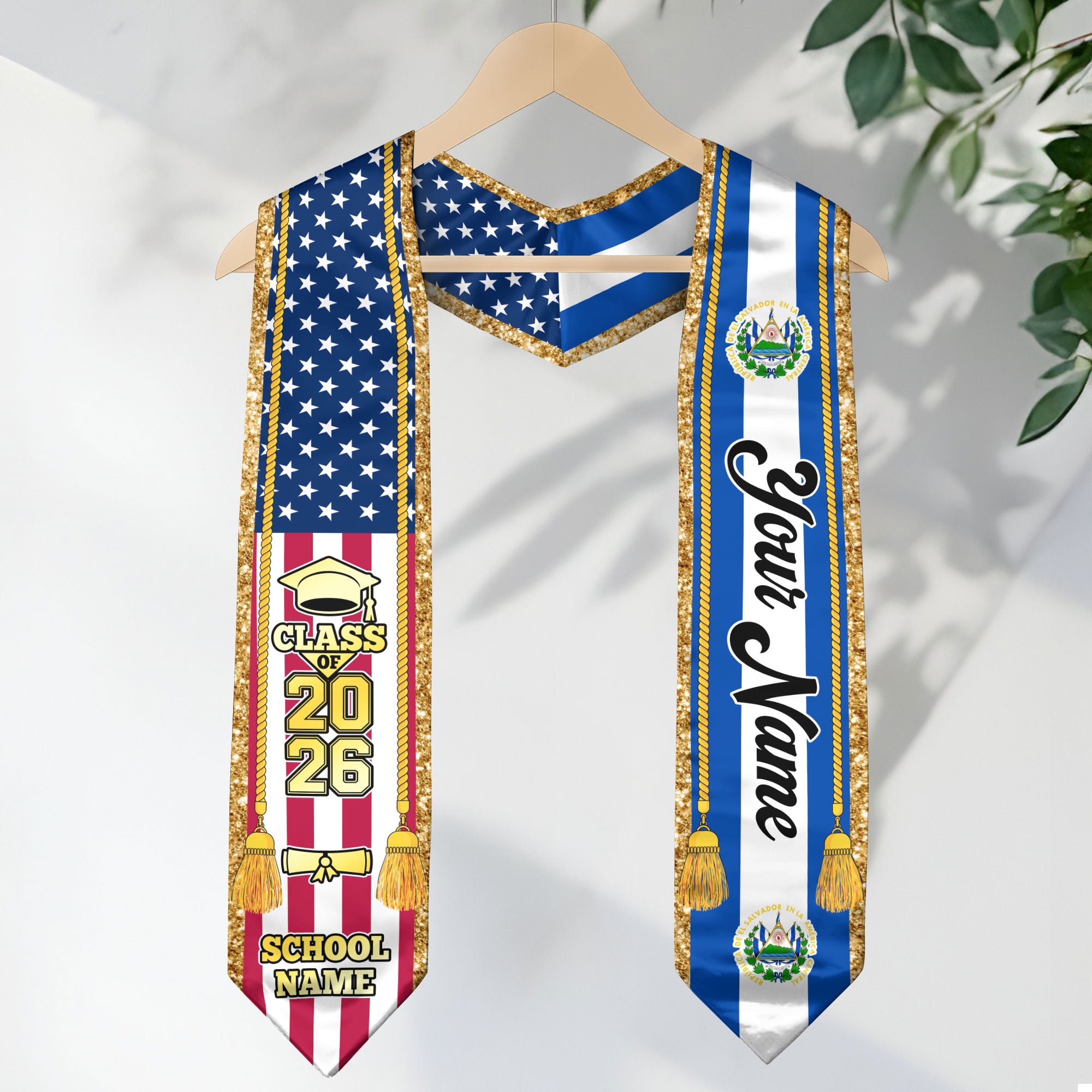 Customized El Salvador Graduation Stole with Salvadoran Flag Emblem, Graduation Sash for Class of 2026