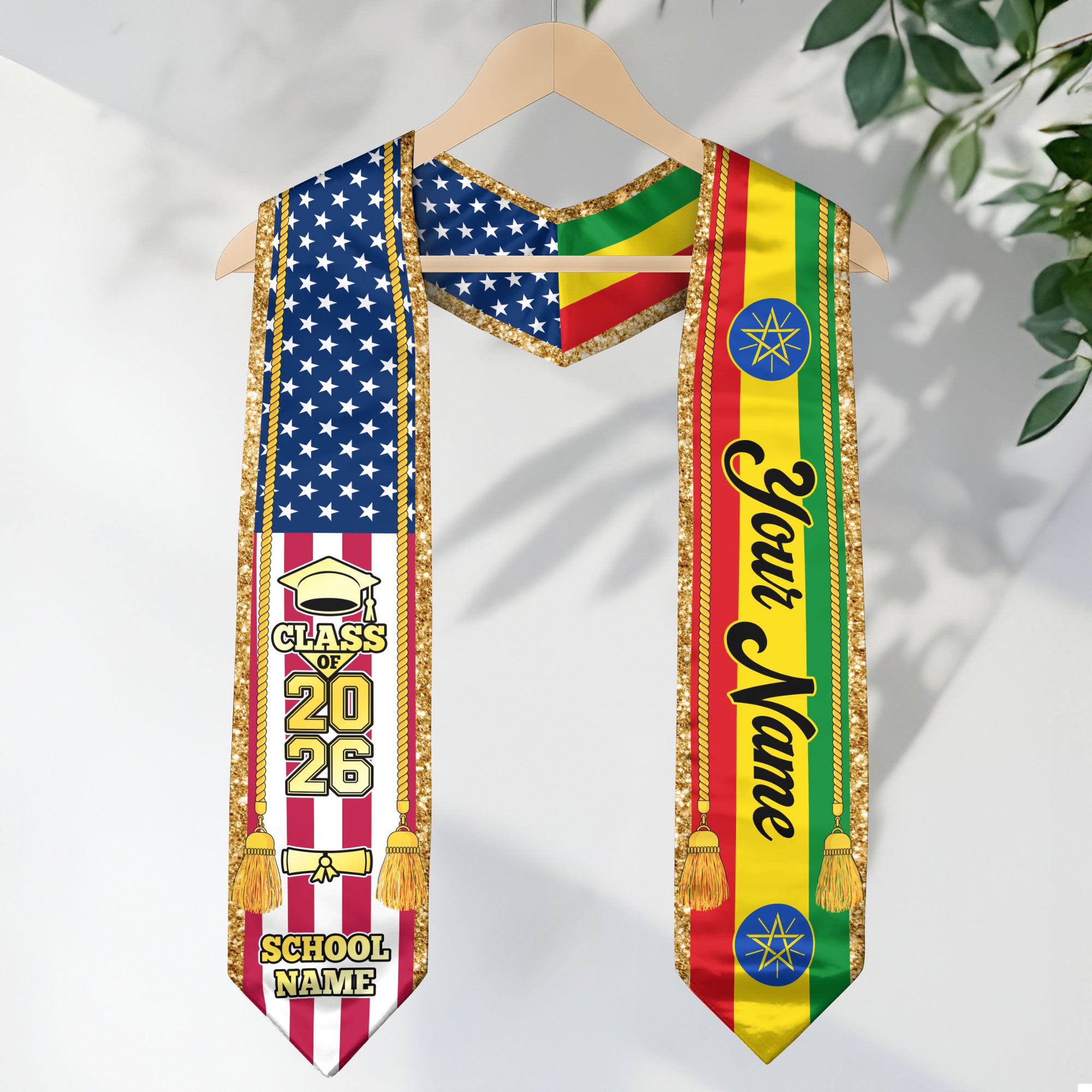 Customized Ethiopia Graduation Stole with Ethiopian Flag Emblem, Graduation Sash for Class of 2026