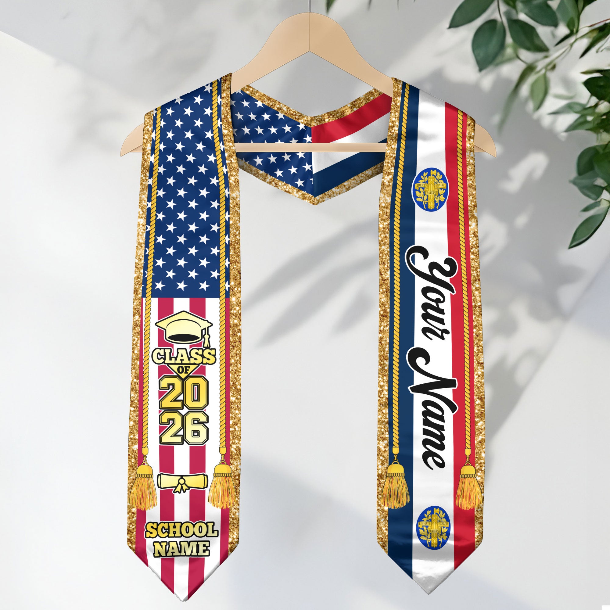Customized France Graduation Stole with French Flag Emblem, Graduation Sash for Class of 2026