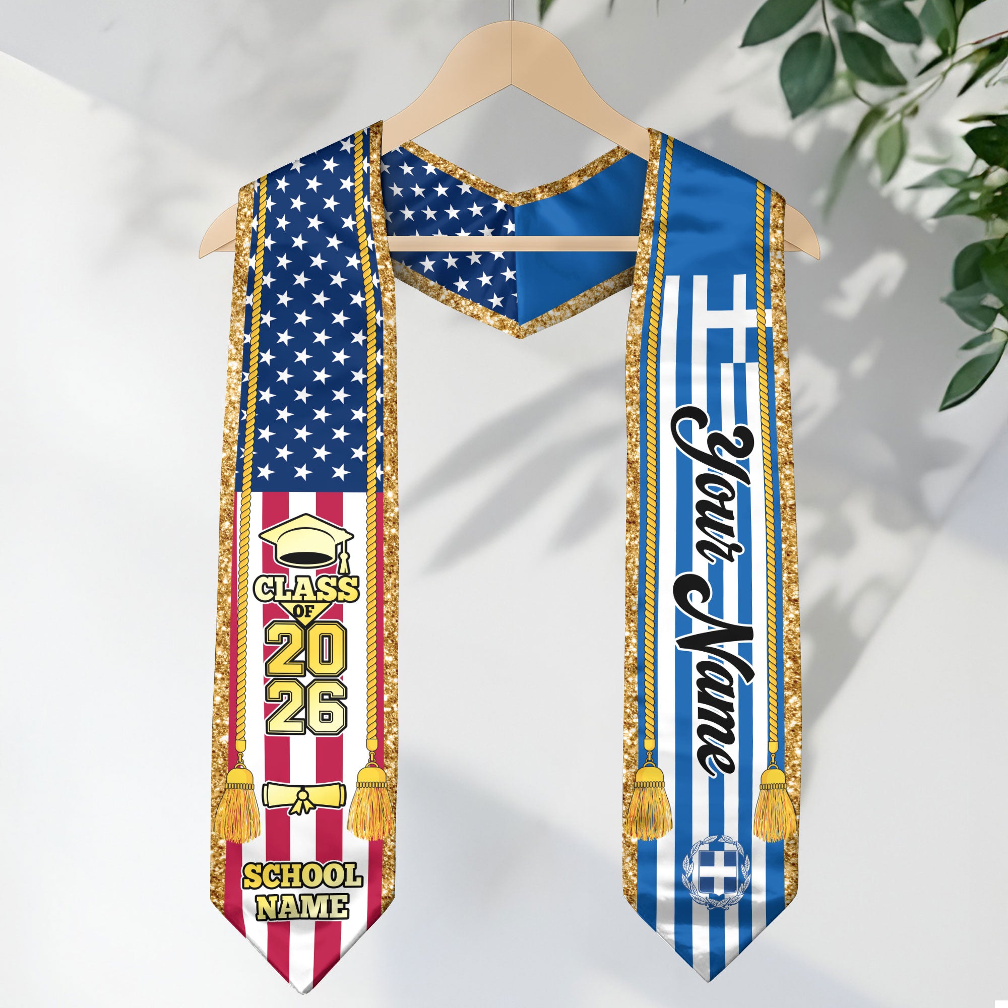 Customized Greece Graduation Stole with Greek Flag Emblem, Graduation Sash for Class of 2026