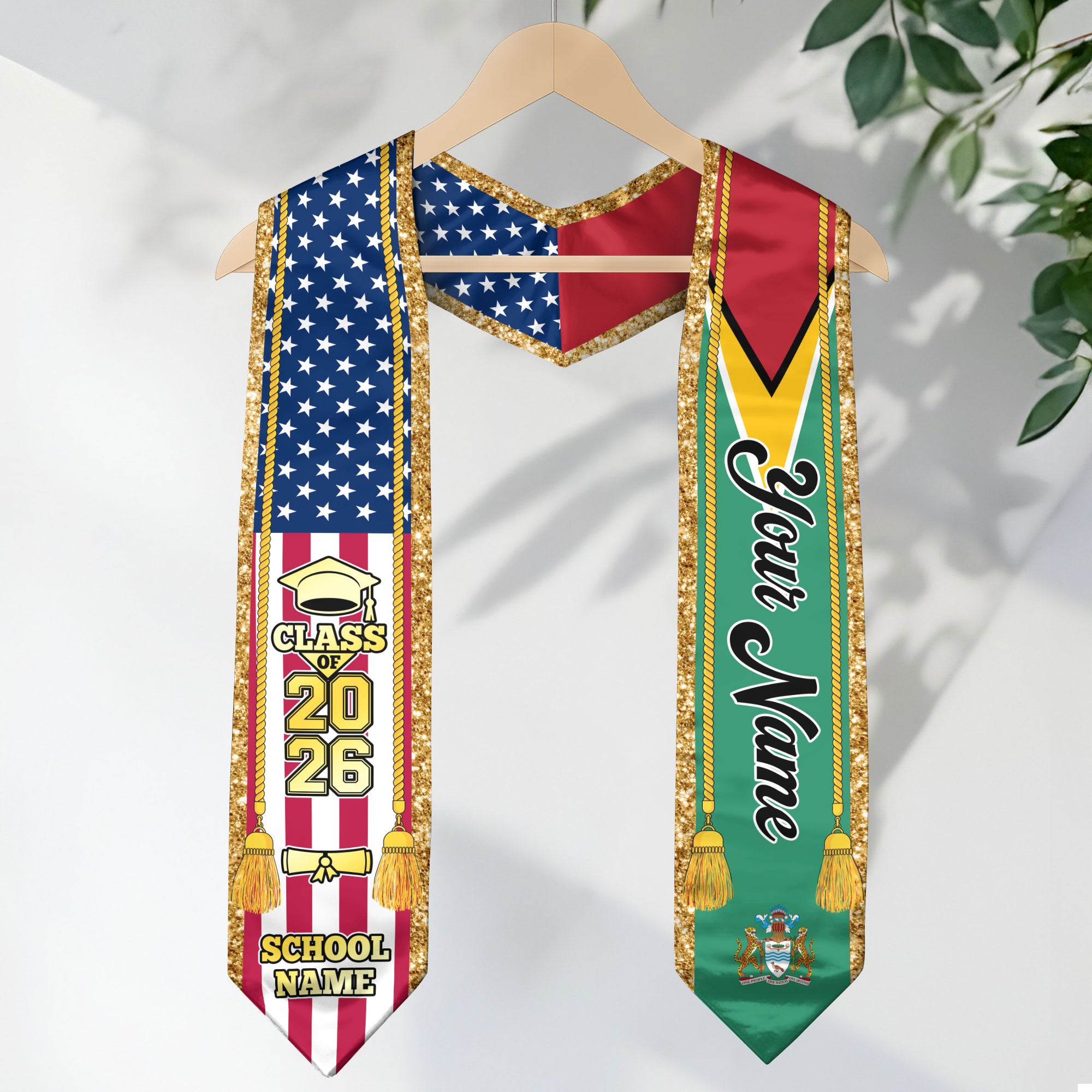 Customized Guyana Graduation Stole with Guyanese Flag Emblem, Graduation Sash for Class of 2026