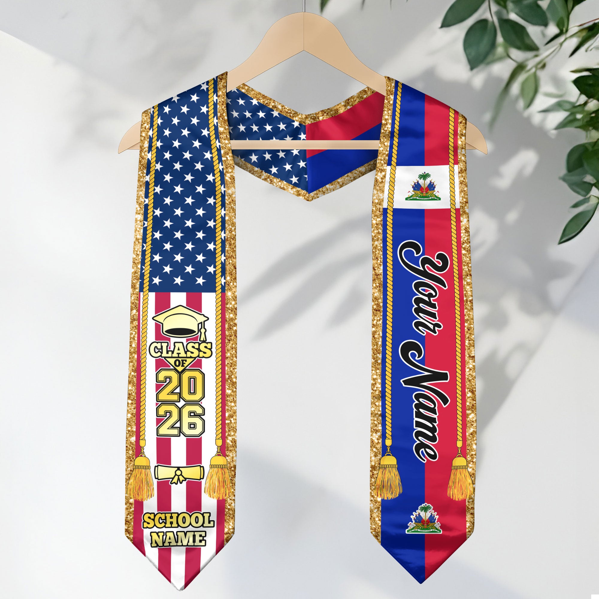 Customized Haiti Graduation Stole with Haitian Flag Emblem, Graduation Sash for Class of 2026