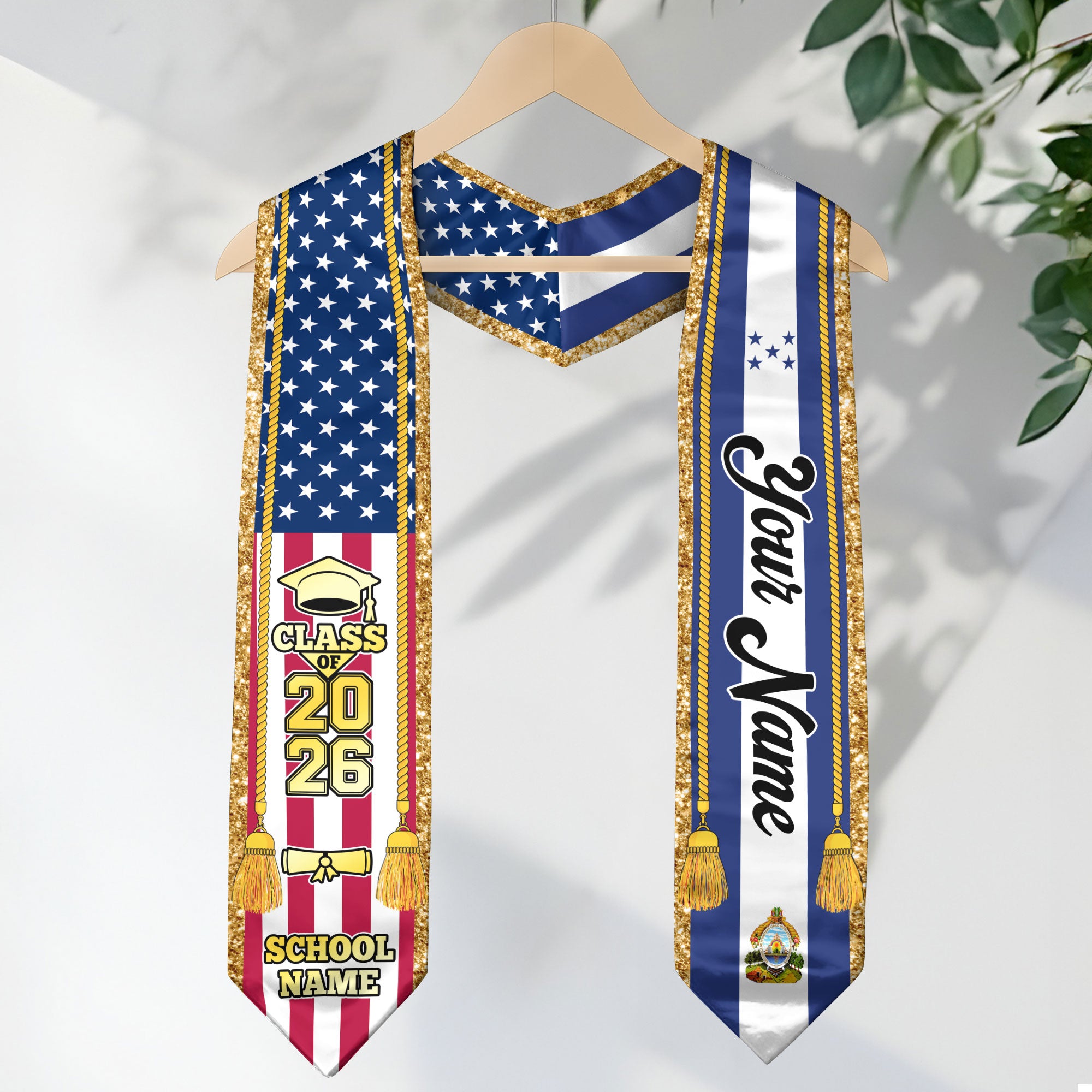Customized Honduras Graduation Stole with Honduran Flag Emblem, Graduation Sash for Class of 2026