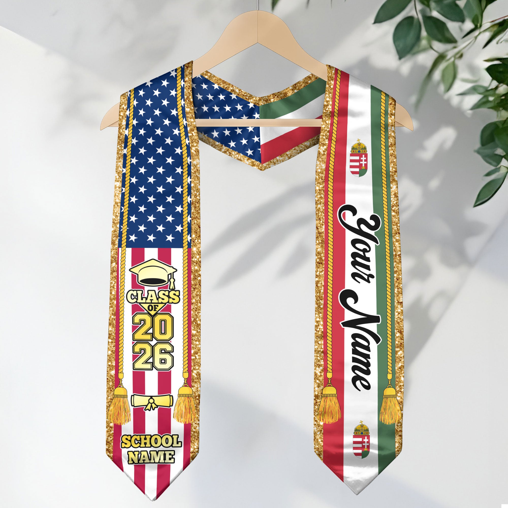 Customized Hungary Graduation Stole with Hungarian Flag Emblem, Graduation Sash for Class of 2026