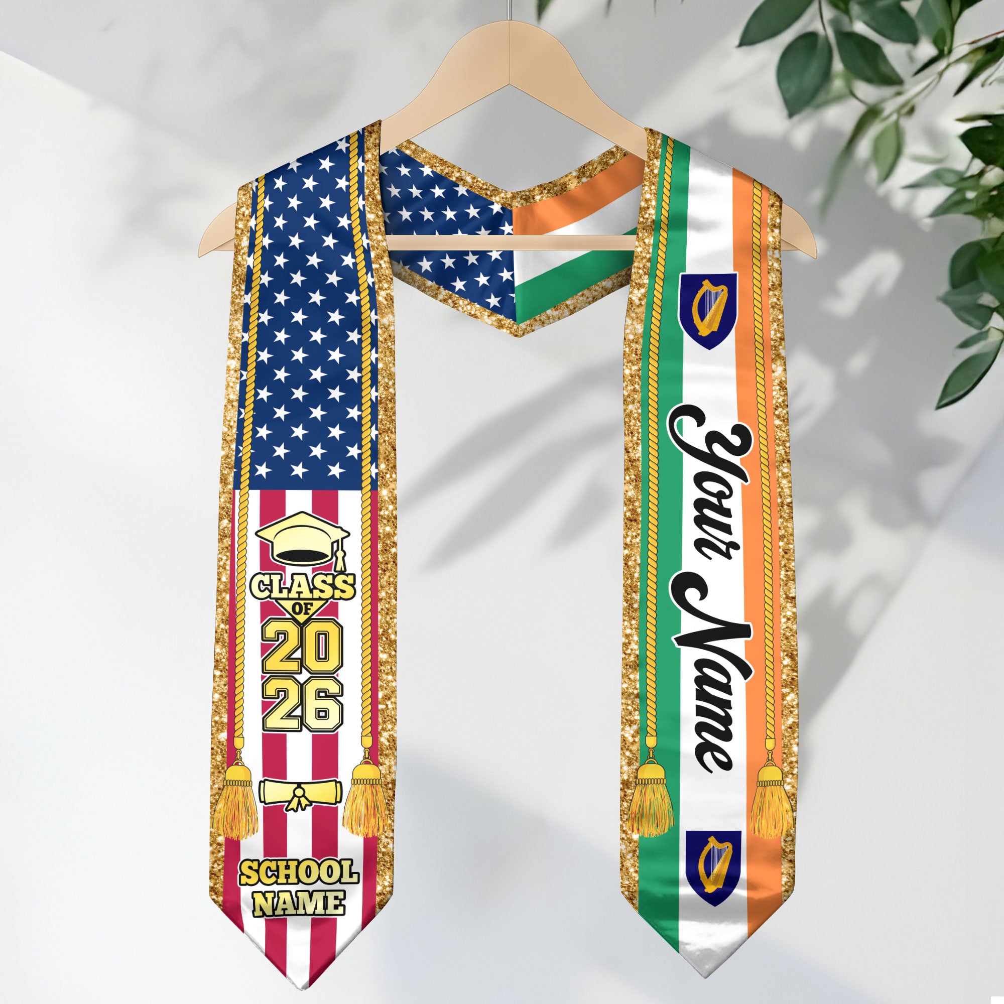 Customized Ireland Graduation Stole with Irish Flag Emblem, Graduation Sash for Class of 2026