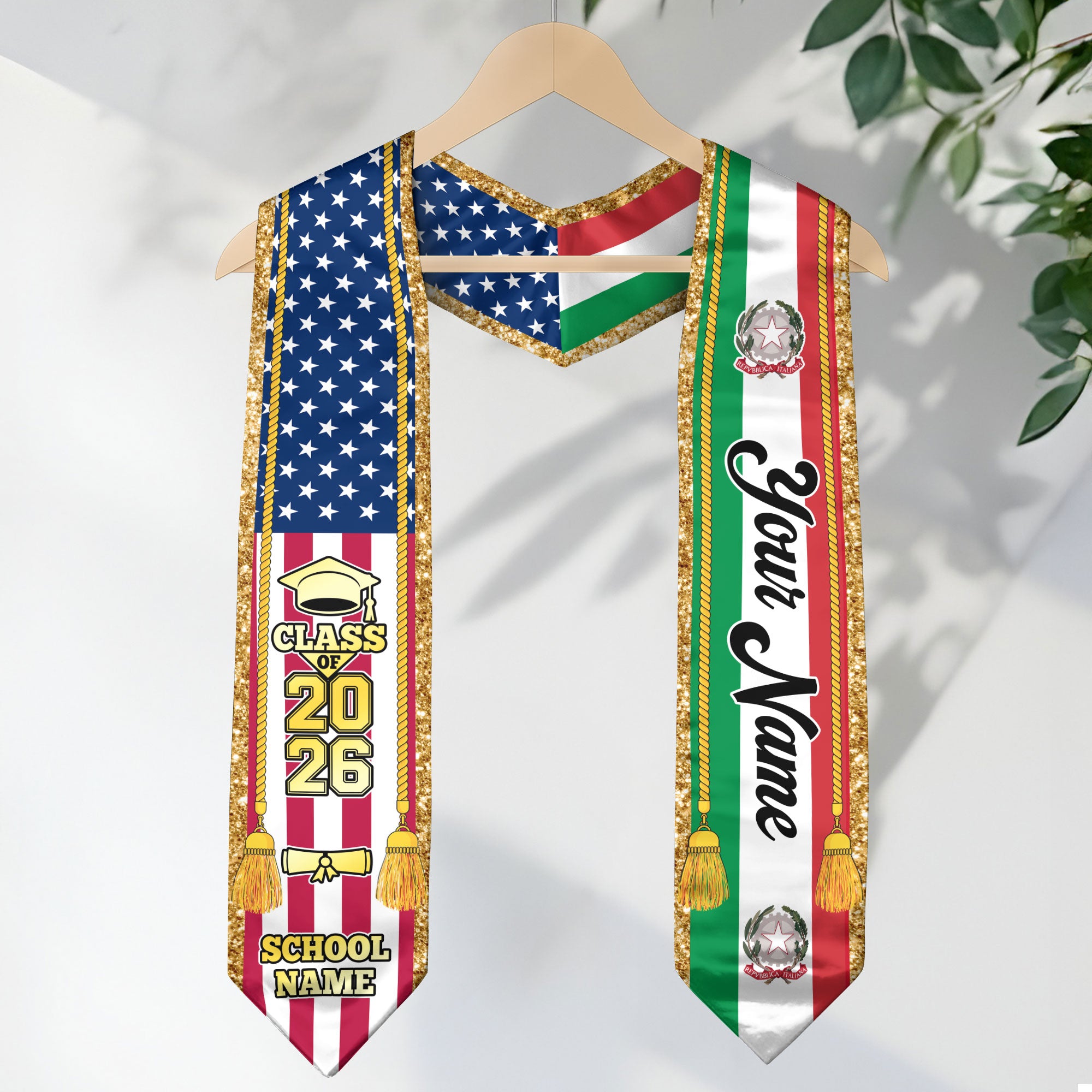 Customized Italy Graduation Stole with Italian Flag Emblem, Graduation Sash for Class of 2026