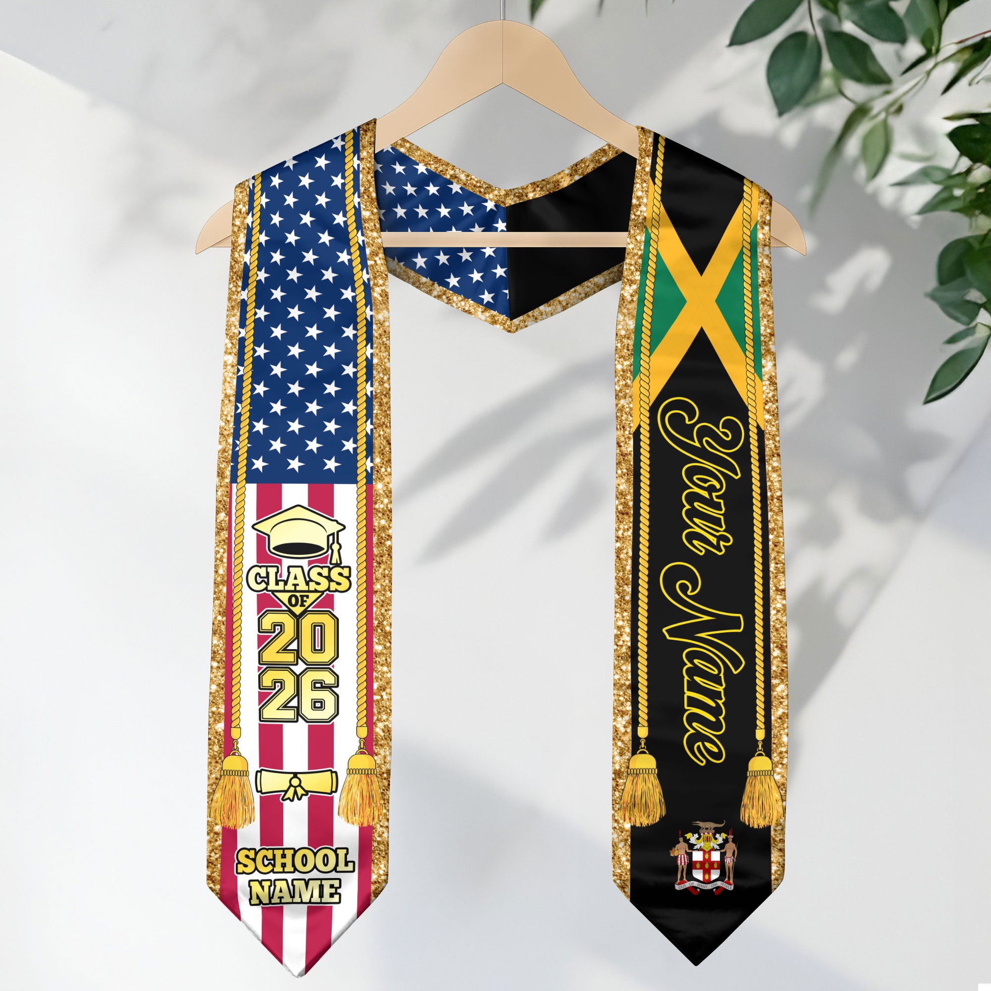Customized Jamaica Graduation Stole with Jamaican Flag Emblem, Graduation Sash for Class of 2026