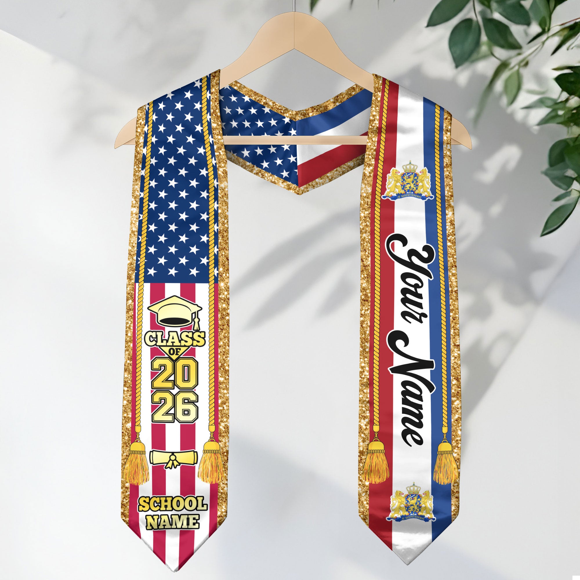 Customized Netherlands Graduation Stole with Dutch Flag Emblem, Graduation Sash for Class of 2026