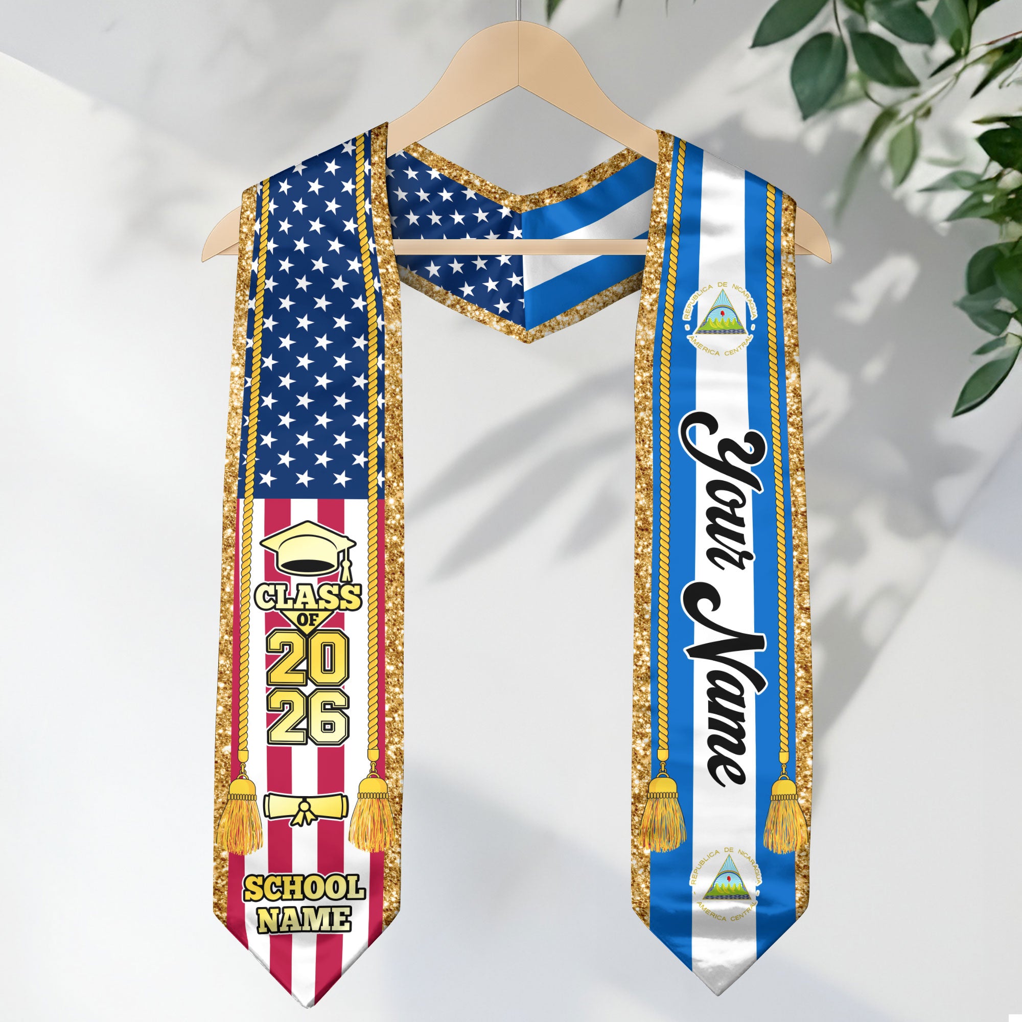 Customized Nicaragua Graduation Stole with Nicaraguan Flag Emblem, Graduation Sash for Class of 2026