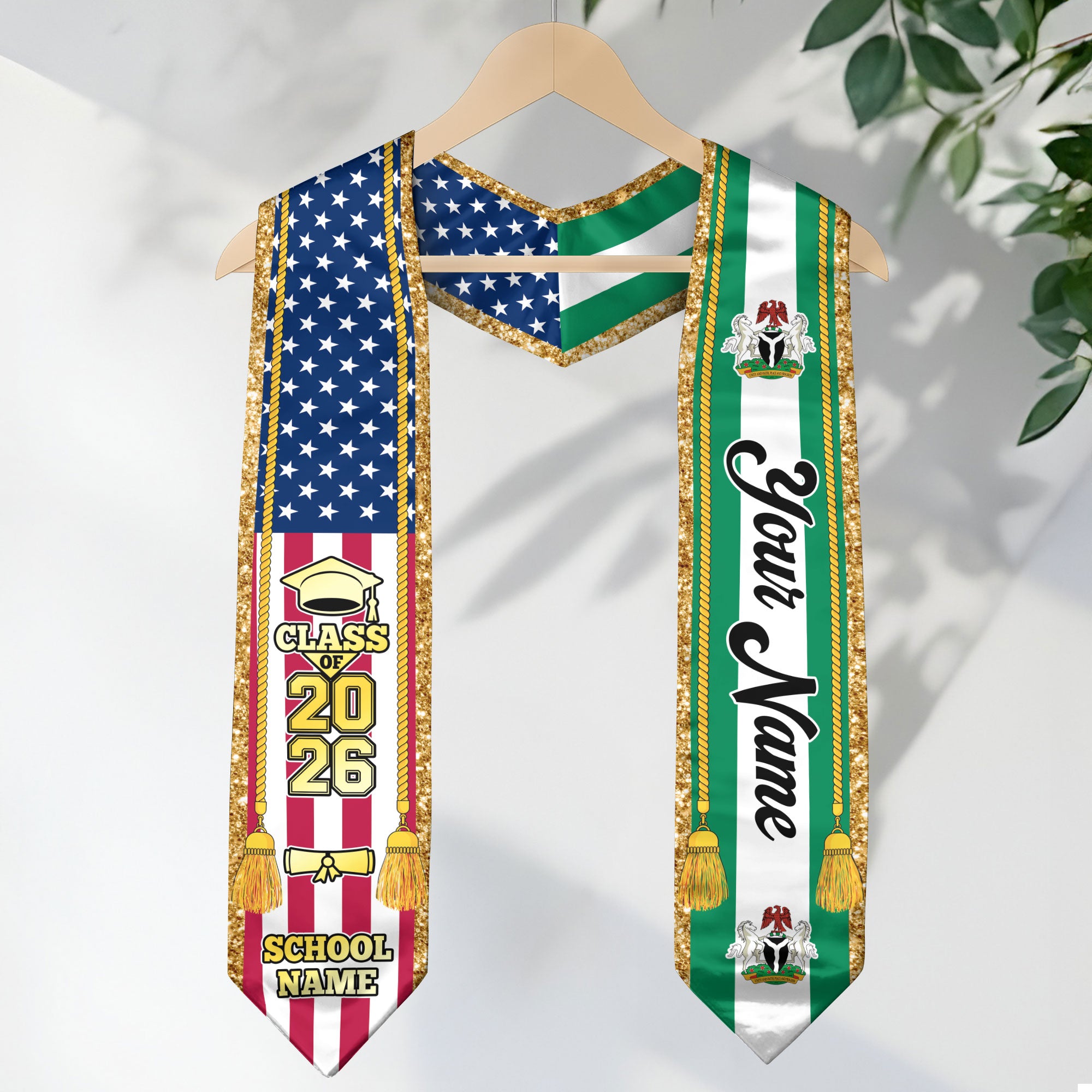 Customized Nigeria Graduation Stole with Nigerian Flag Emblem, Graduation Sash for Class of 2026