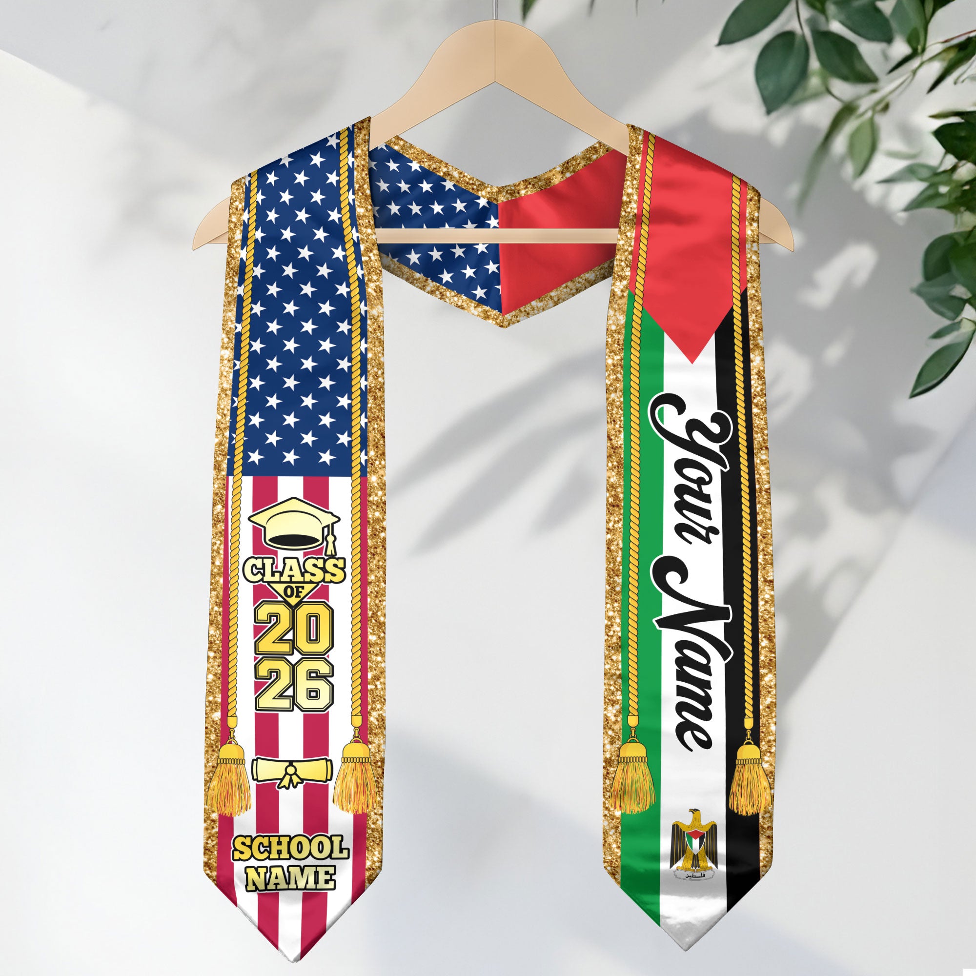 Customized Palestine Graduation Stole with Palestinian Flag Emblem, Graduation Sash for Class of 2026