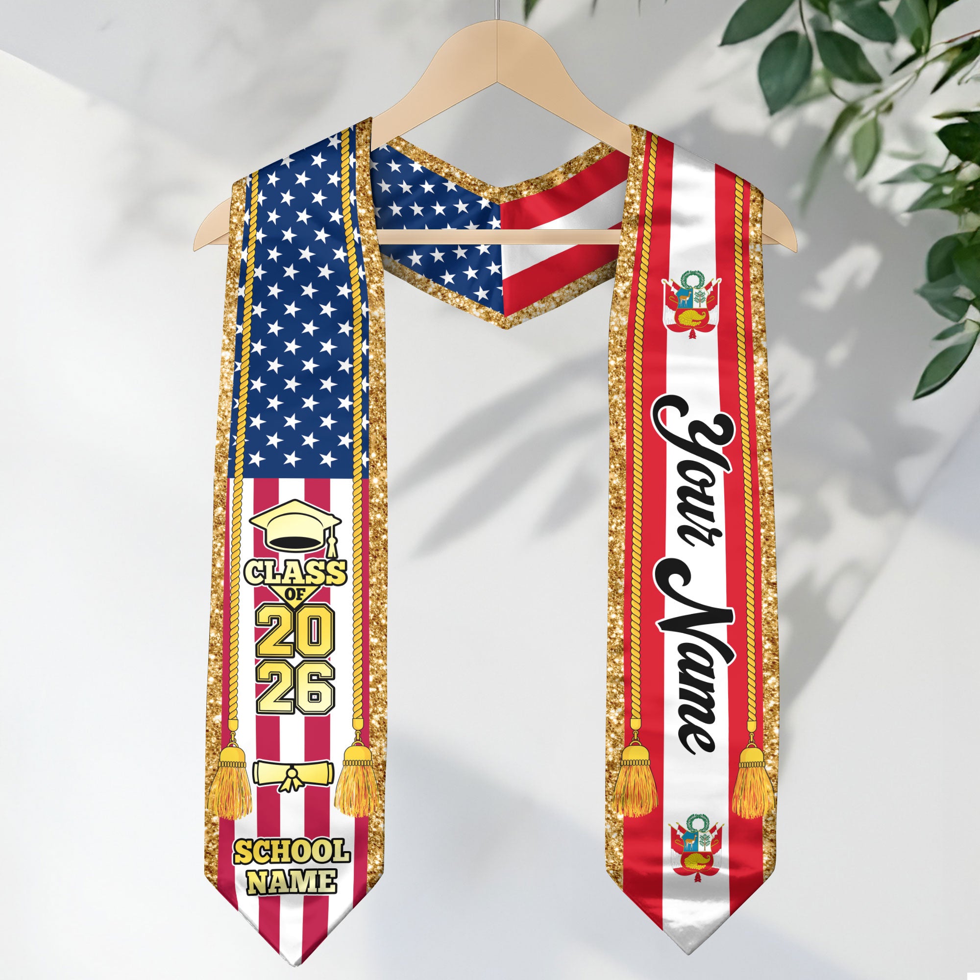 Customized Peru Graduation Stole with Peruvian Flag Emblem, Graduation Sash for Class of 2026