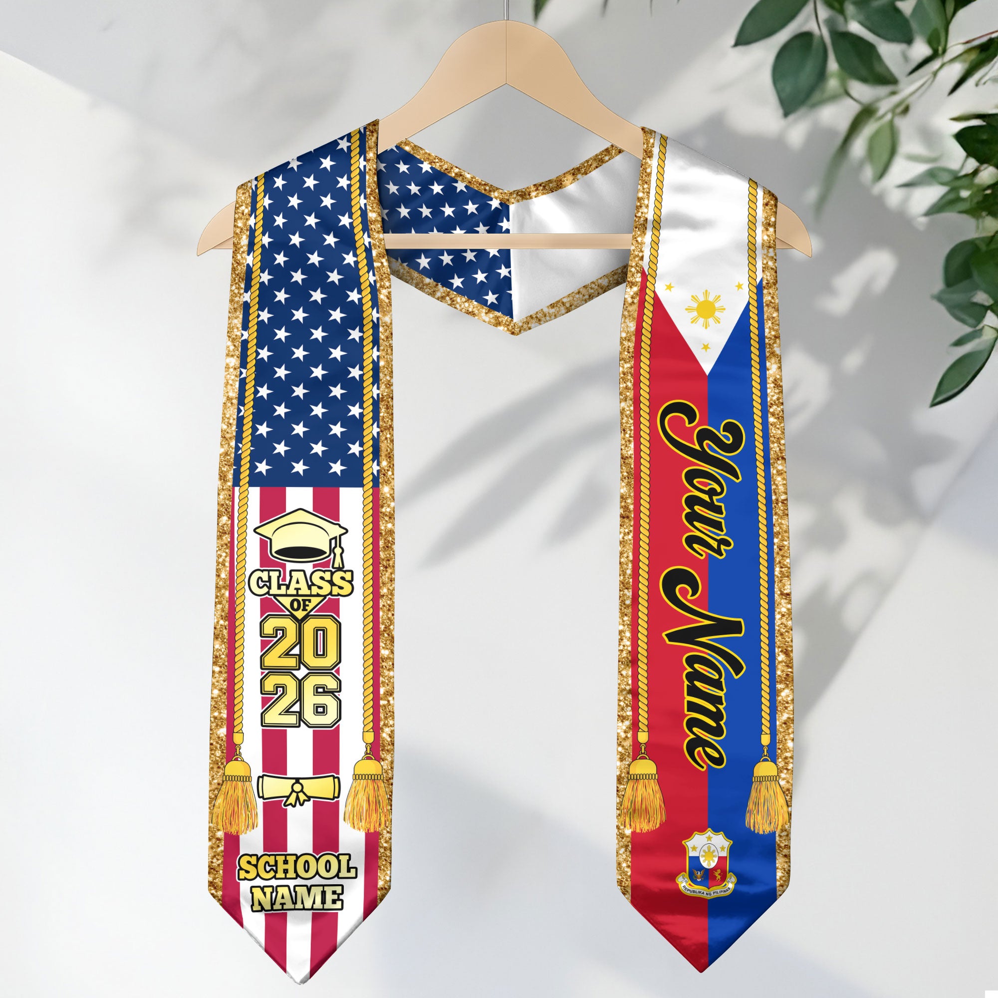Customized Philippines Graduation Stole with Filipino Flag Emblem, Graduation Sash for Class of 2026