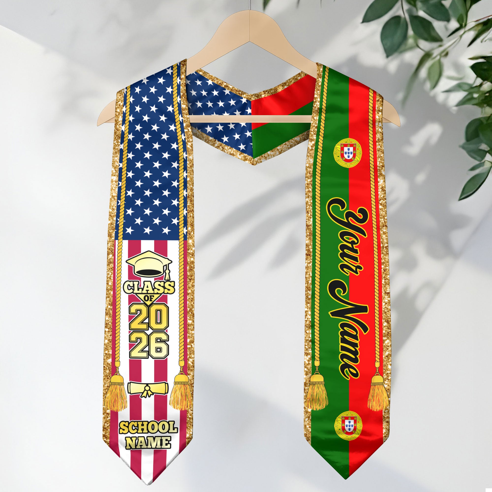 Customized Portugal Graduation Stole with Portuguese Flag Emblem, Graduation Sash for Class of 2026