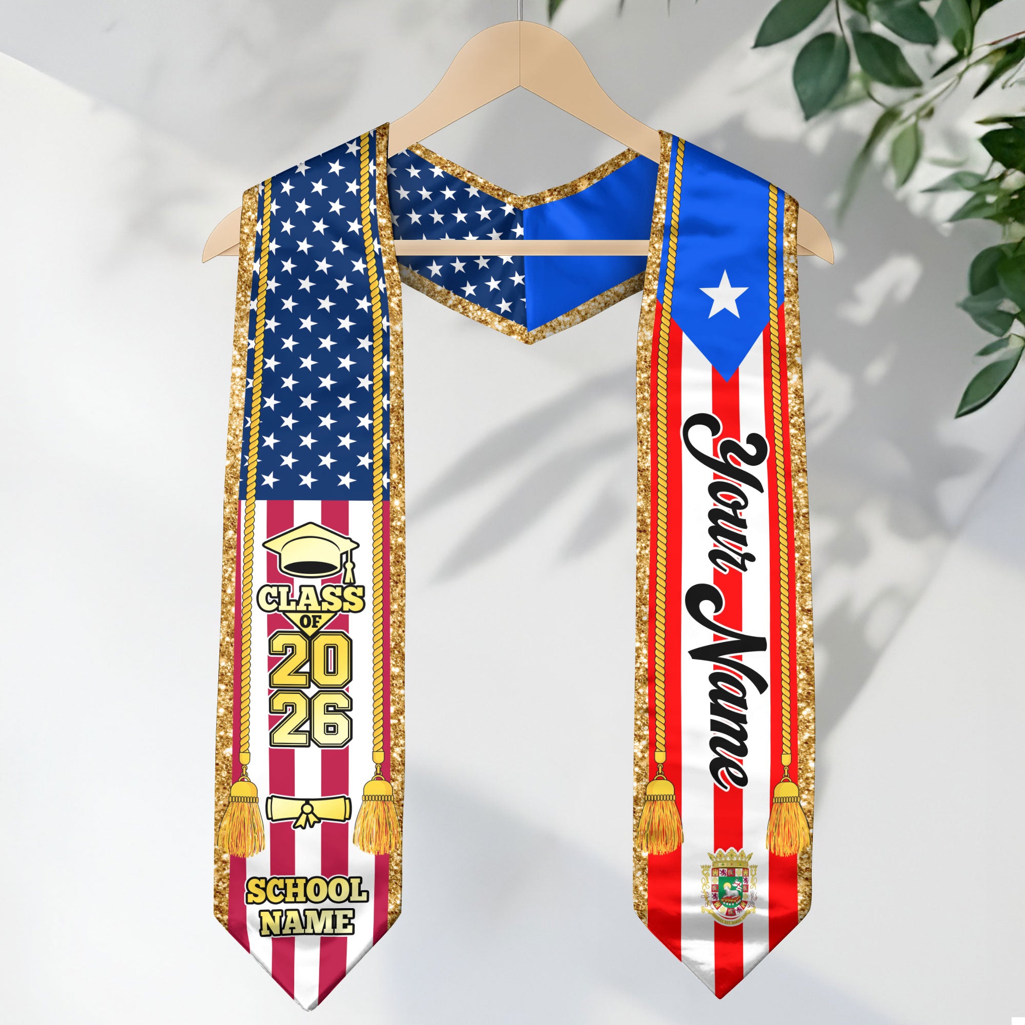 Customized Puerto Rico Graduation Stole with Puerto Rican Flag Emblem, Graduation Sash for Class of 2026