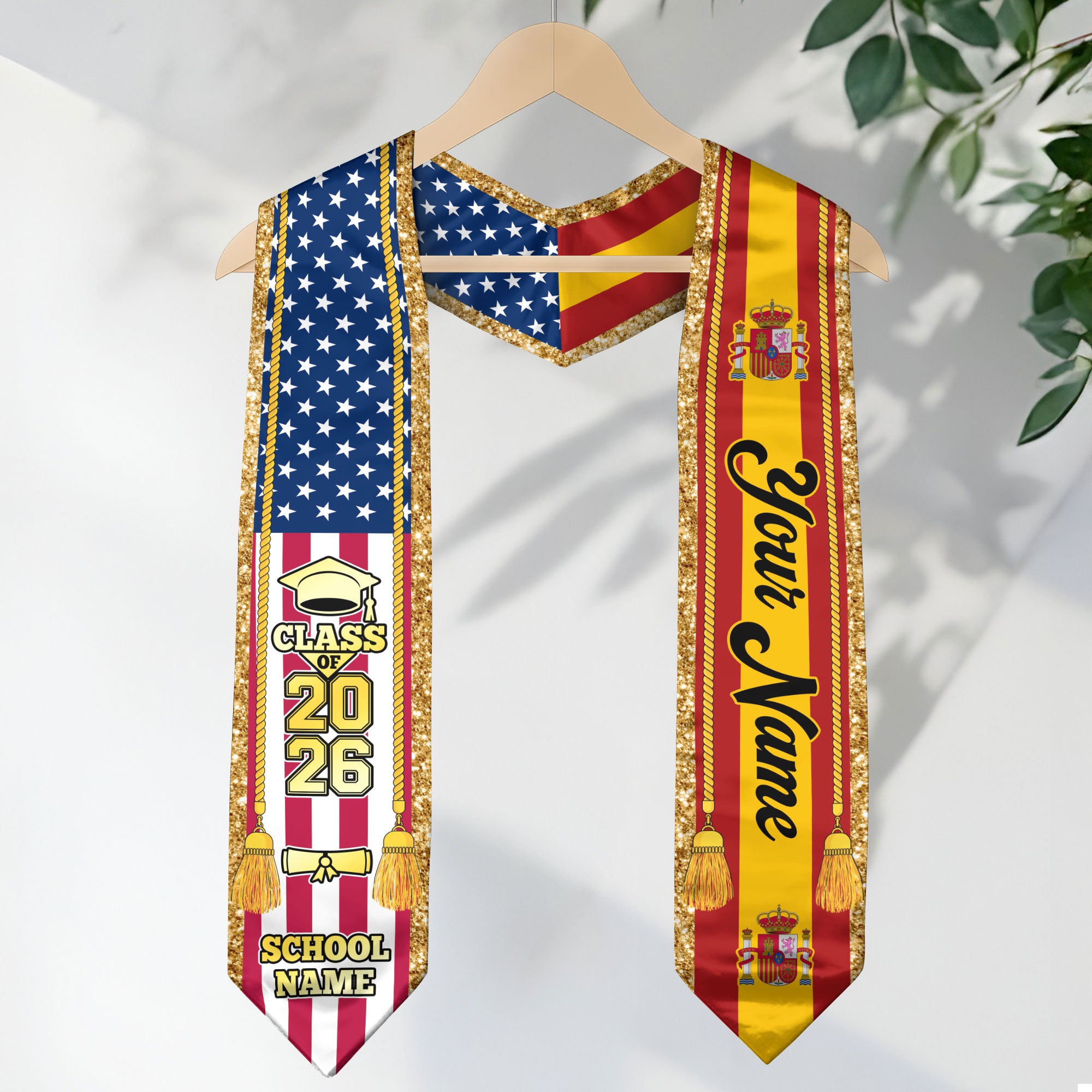 Customized Spain Graduation Stole with Spanish Flag Emblem, Graduation Sash for Class of 2026