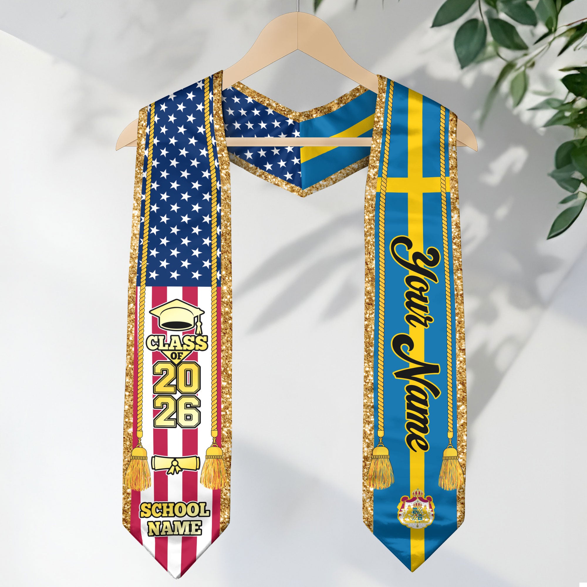 Customized Sweden Graduation Stole with Swedish Flag Emblem, Graduation Sash for Class of 2026